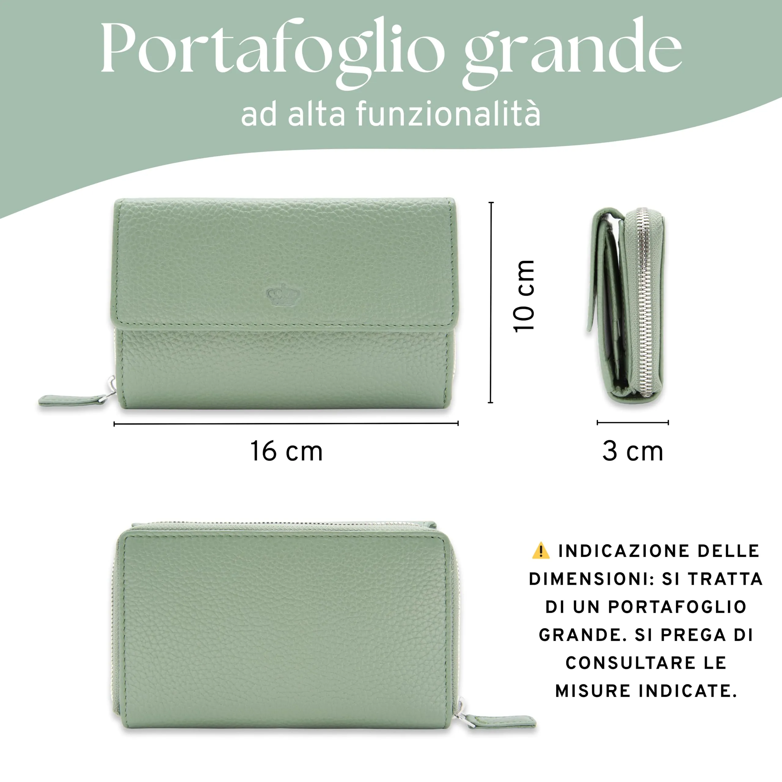 Baur portafoglio da donna – vera pelle con protezione RFID – portafoglio grande con 14 scomparti per carte – chiusura a bottone a pressione & tasca portamonete con cerniera (Verde salvia) - immagine 7
