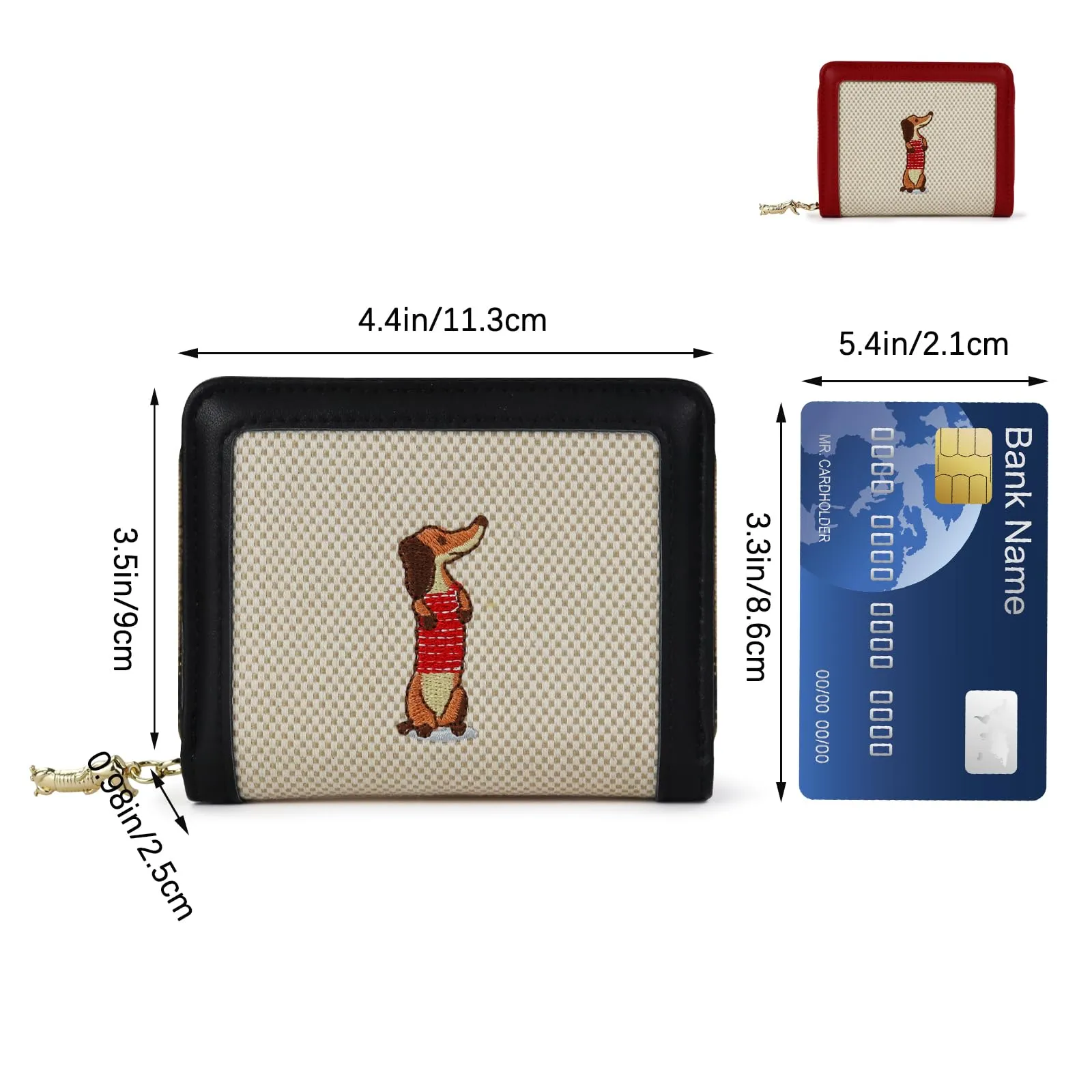FuninCrea Portafoglio Donna Piccolo, Ecopelle Portamonete Donna con 5 Slot per Carte di Credito e Finestra per Documenti d'Identità, Ricamo Bassotto Portacarte Donne Piccolo Portafoglio Slim (Rosso) - immagine 2