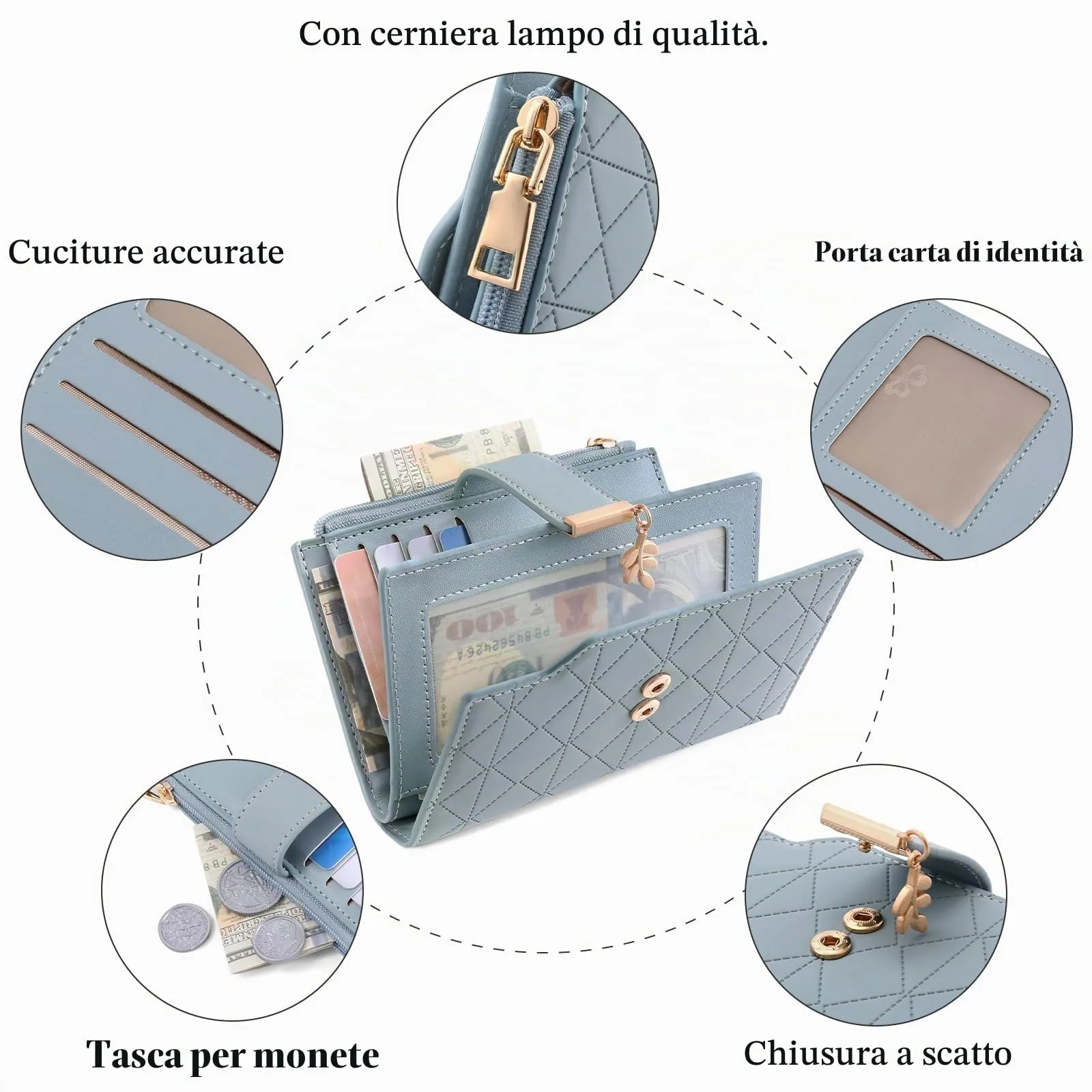 SENDEFN Portafoglio Donna, Portamonete Anti RFID Portafogli Donna Pelle Vegana con 14 Scomparti per Carte, 3 Finestra di Identificazione e 1 Tasca con Cerniera - immagine 4