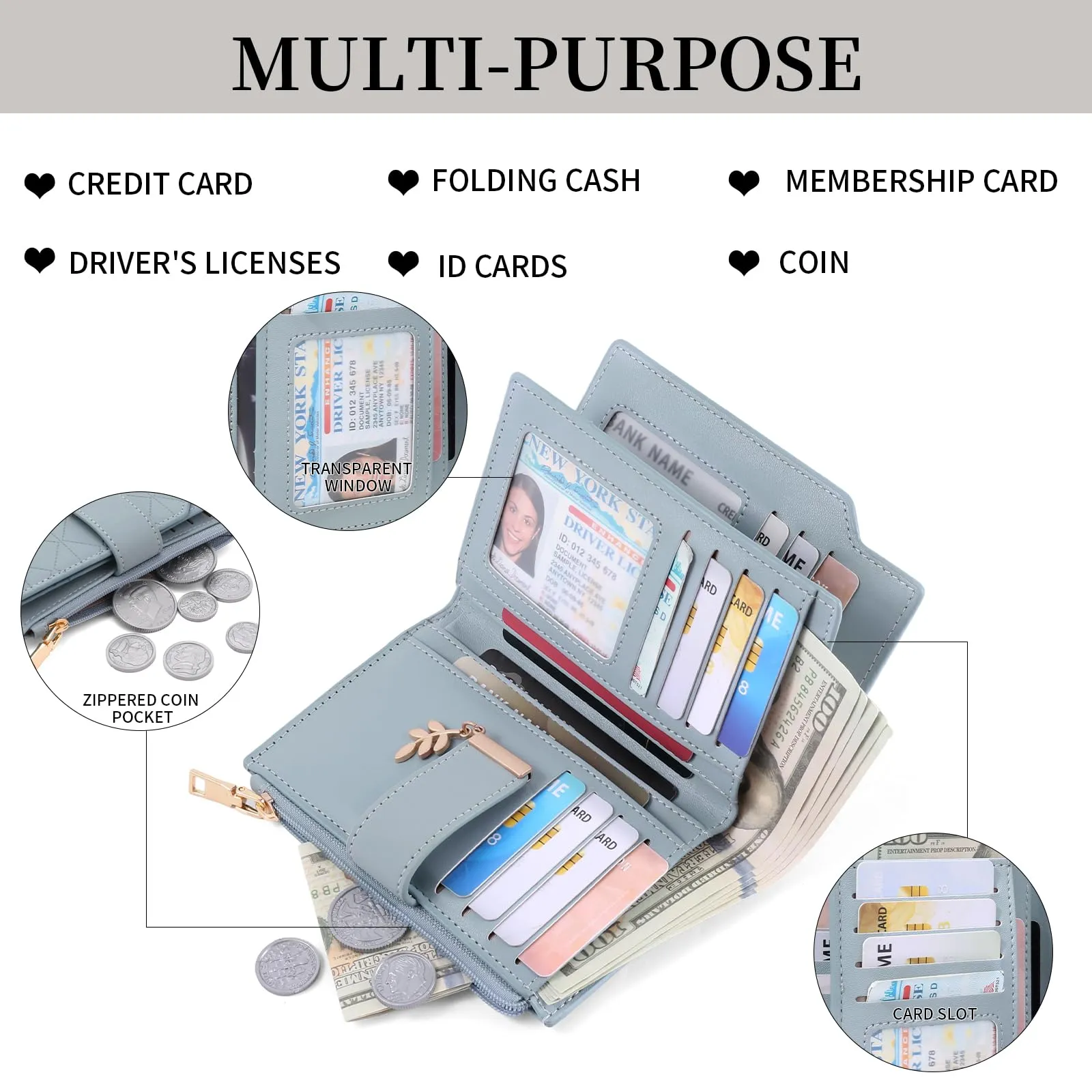 SENDEFN Portafoglio Donna, Portamonete Anti RFID Portafogli Donna Pelle Vegana con 14 Scomparti per Carte, 3 Finestra di Identificazione e 1 Tasca con Cerniera - immagine 5