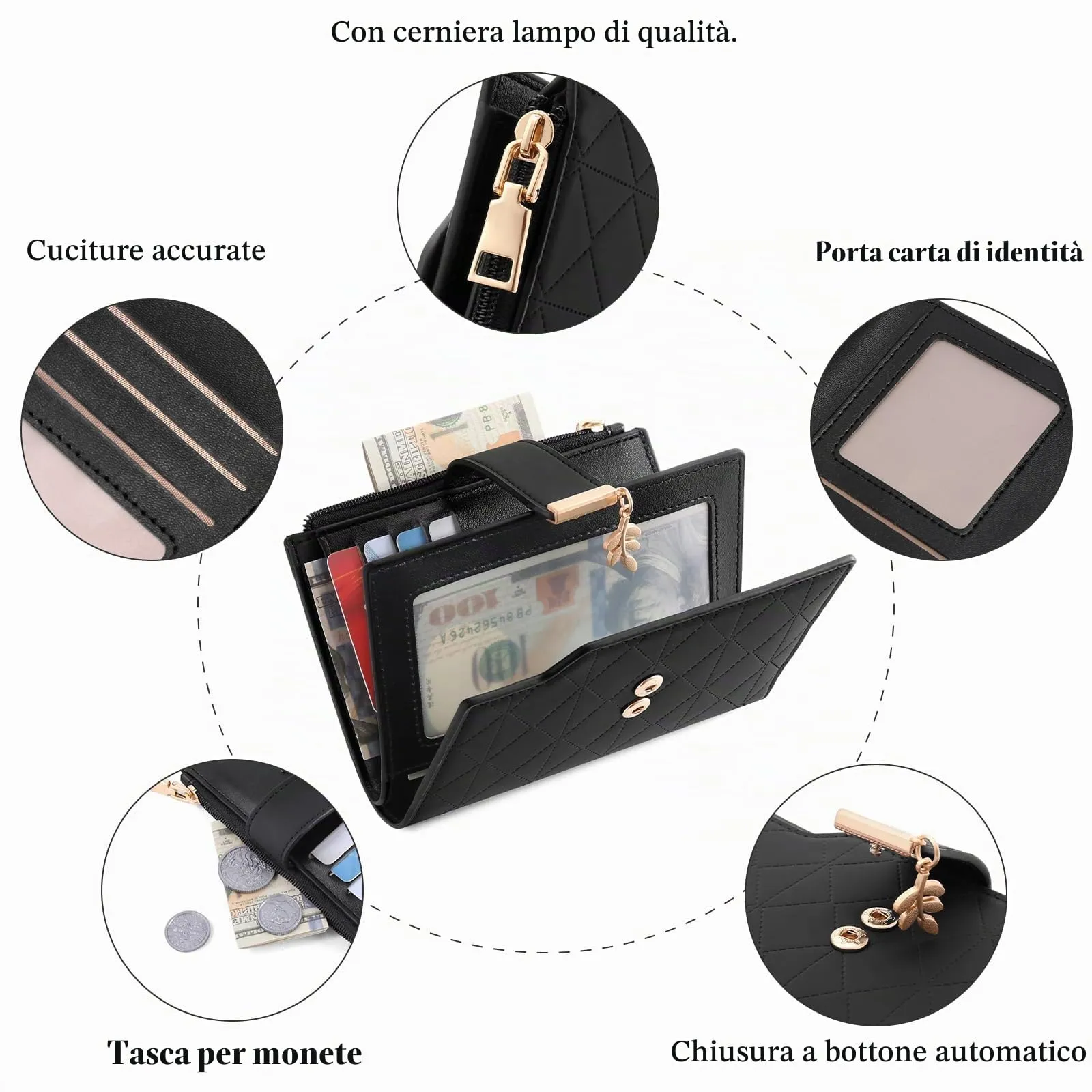 SENDEFN Portafoglio Donna, Portamonete Anti RFID Portafogli Donna Pelle Vegana con 14 Scomparti per Carte, 3 Finestra di Identificazione e 1 Tasca con Cerniera - immagine 4
