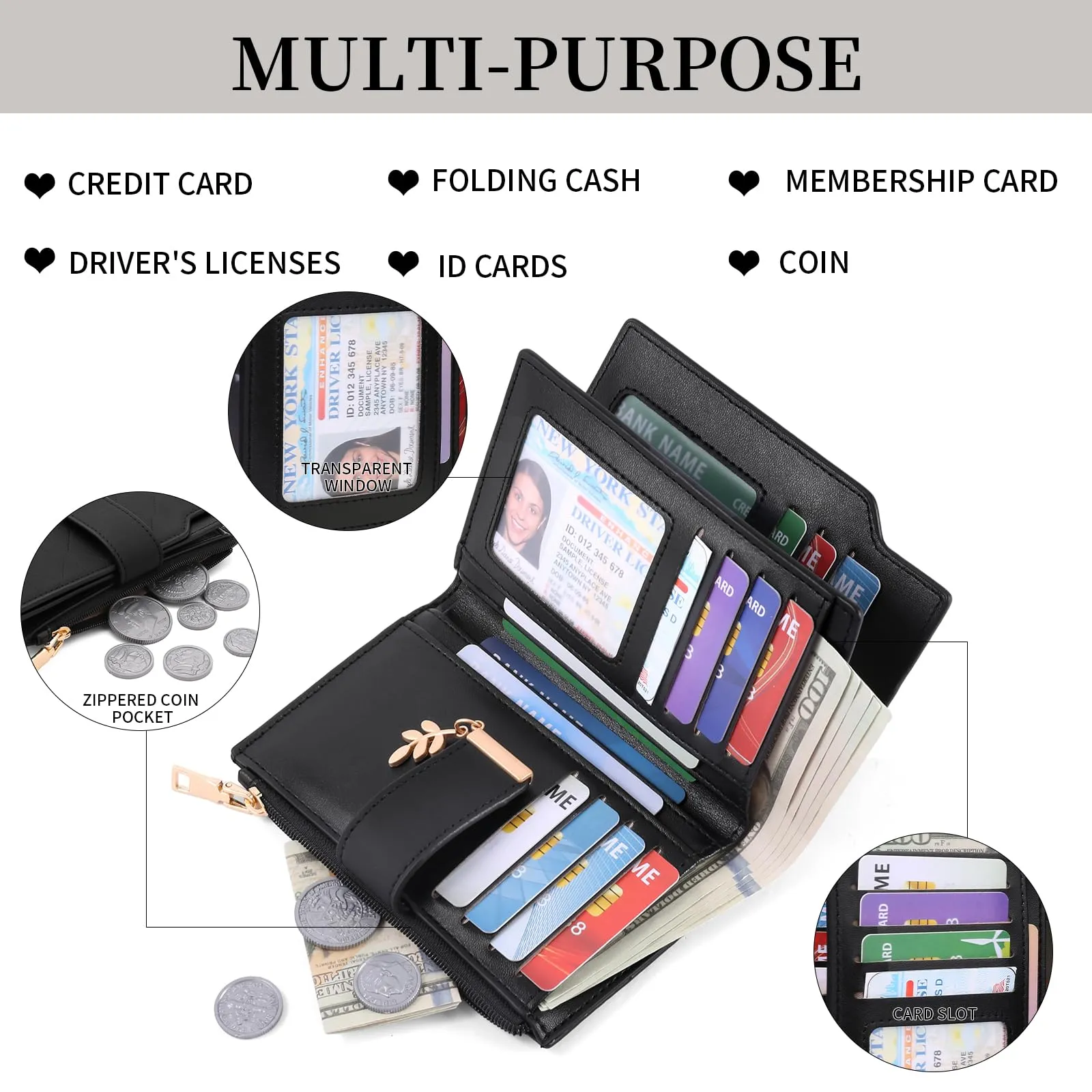 SENDEFN Portafoglio Donna, Portamonete Anti RFID Portafogli Donna Pelle Vegana con 14 Scomparti per Carte, 3 Finestra di Identificazione e 1 Tasca con Cerniera - immagine 5
