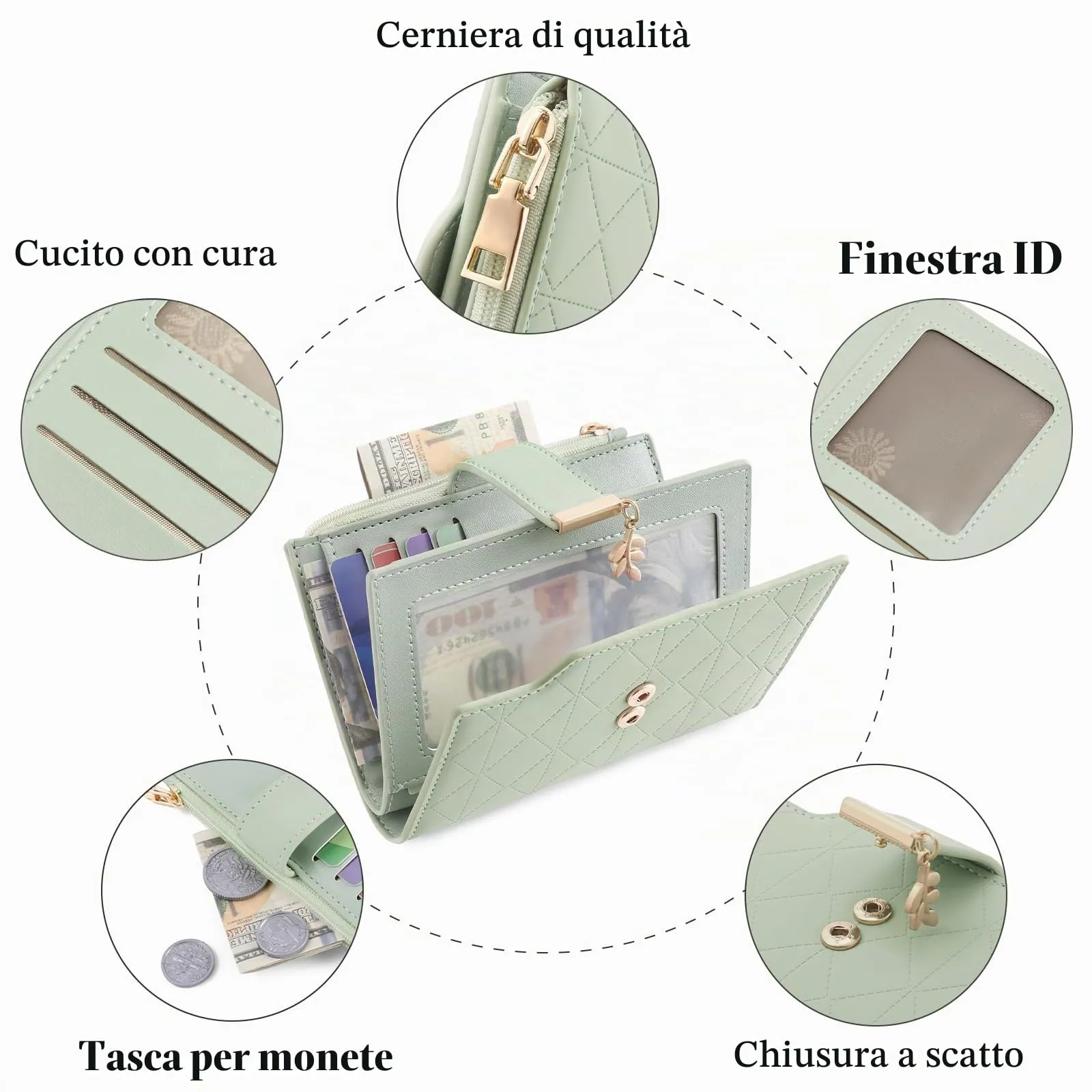 SENDEFN Portafoglio Donna, Portamonete Anti RFID Portafogli Donna Pelle Vegana con 14 Scomparti per Carte, 3 Finestra di Identificazione e 1 Tasca con Cerniera - immagine 4