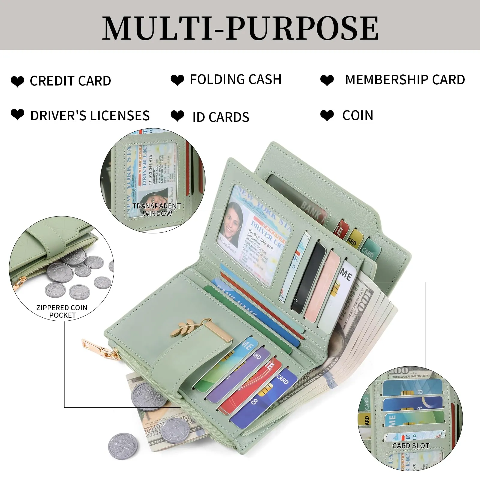 SENDEFN Portafoglio Donna, Portamonete Anti RFID Portafogli Donna Pelle Vegana con 14 Scomparti per Carte, 3 Finestra di Identificazione e 1 Tasca con Cerniera - immagine 5