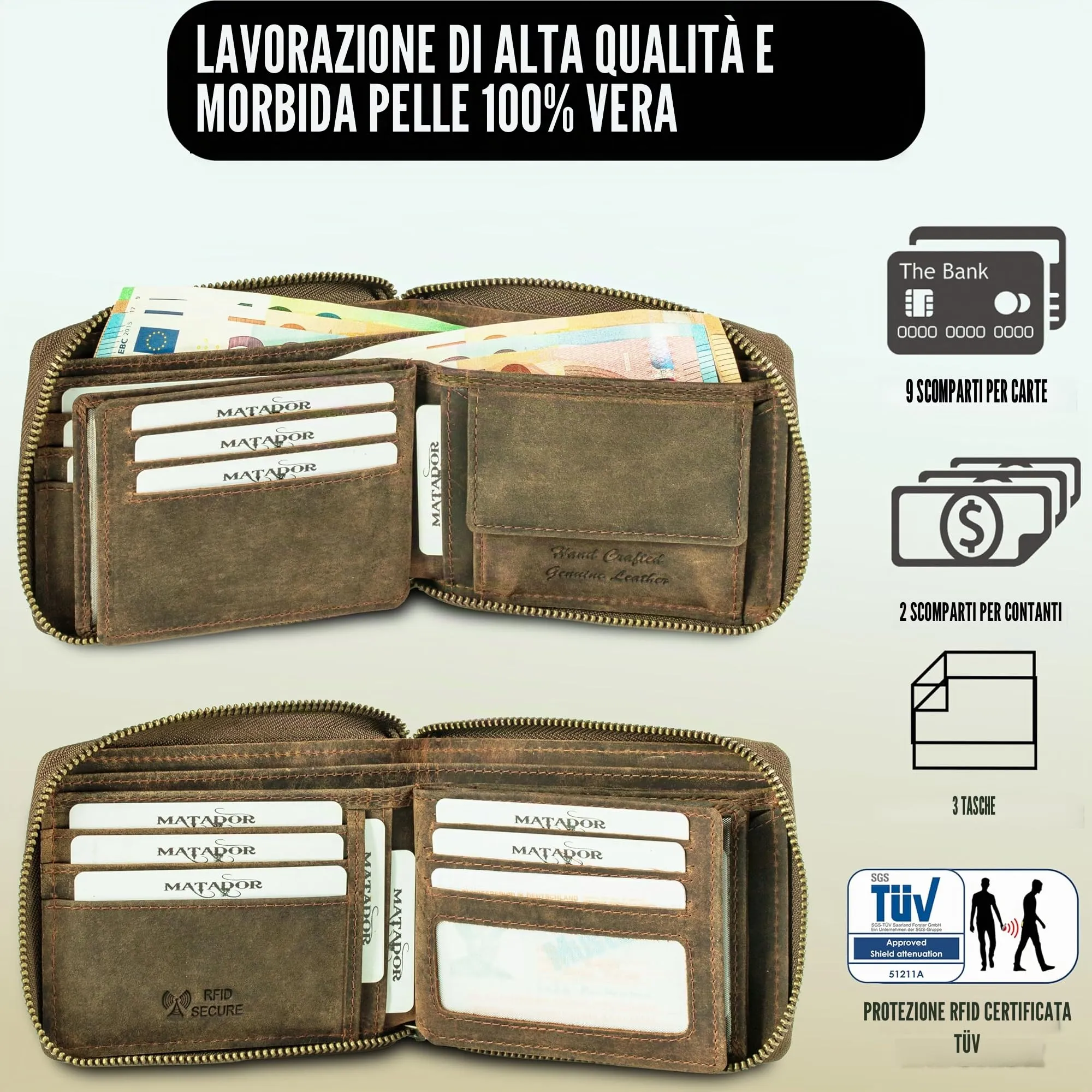 Matador Portafoglio con Cerniera Pelle RFID Marrone Hunter Uomo Donna - immagine 2