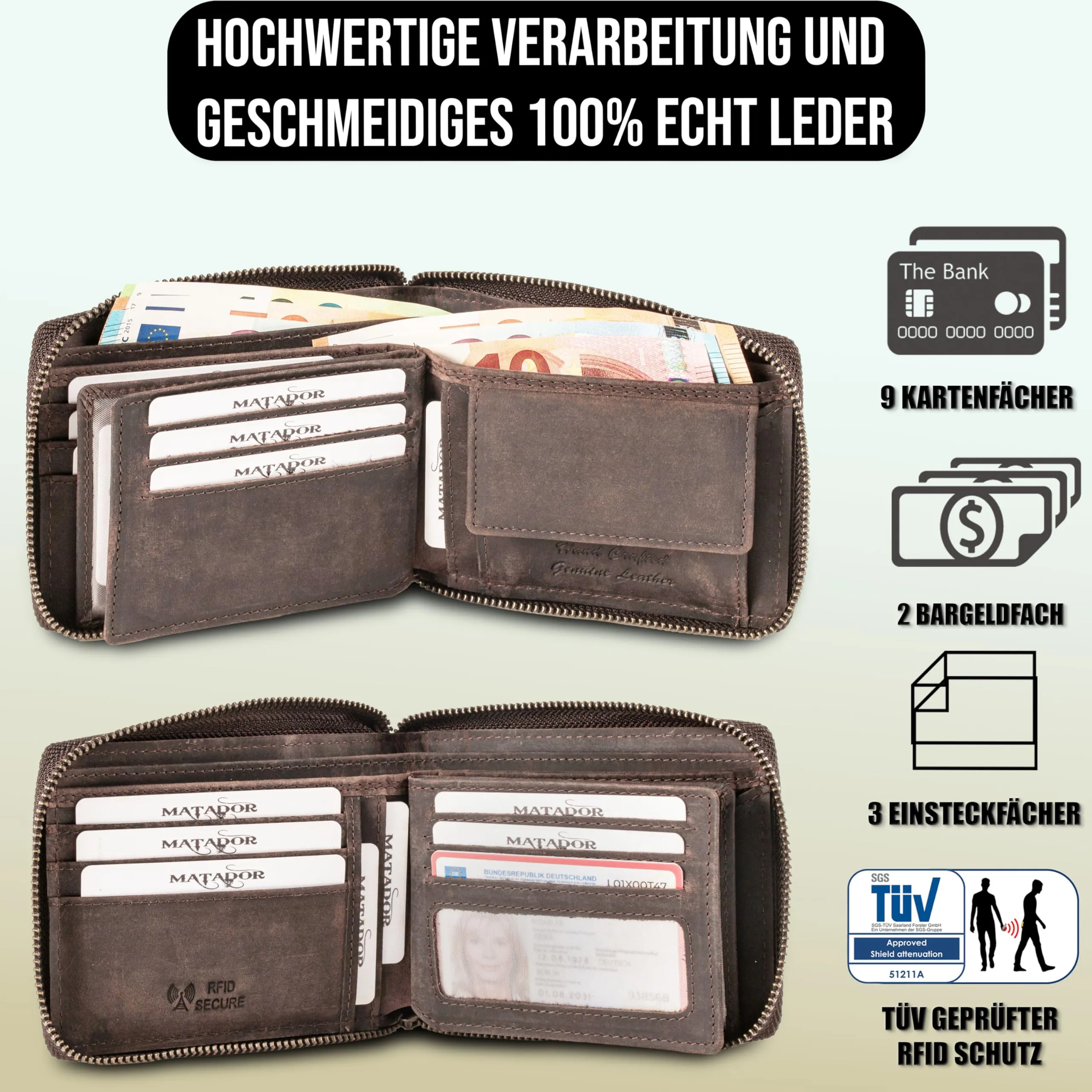 Matador Porta Carte di Credito Uomo Donna Pelle RFID Zip Marrone Scuro - immagine 2