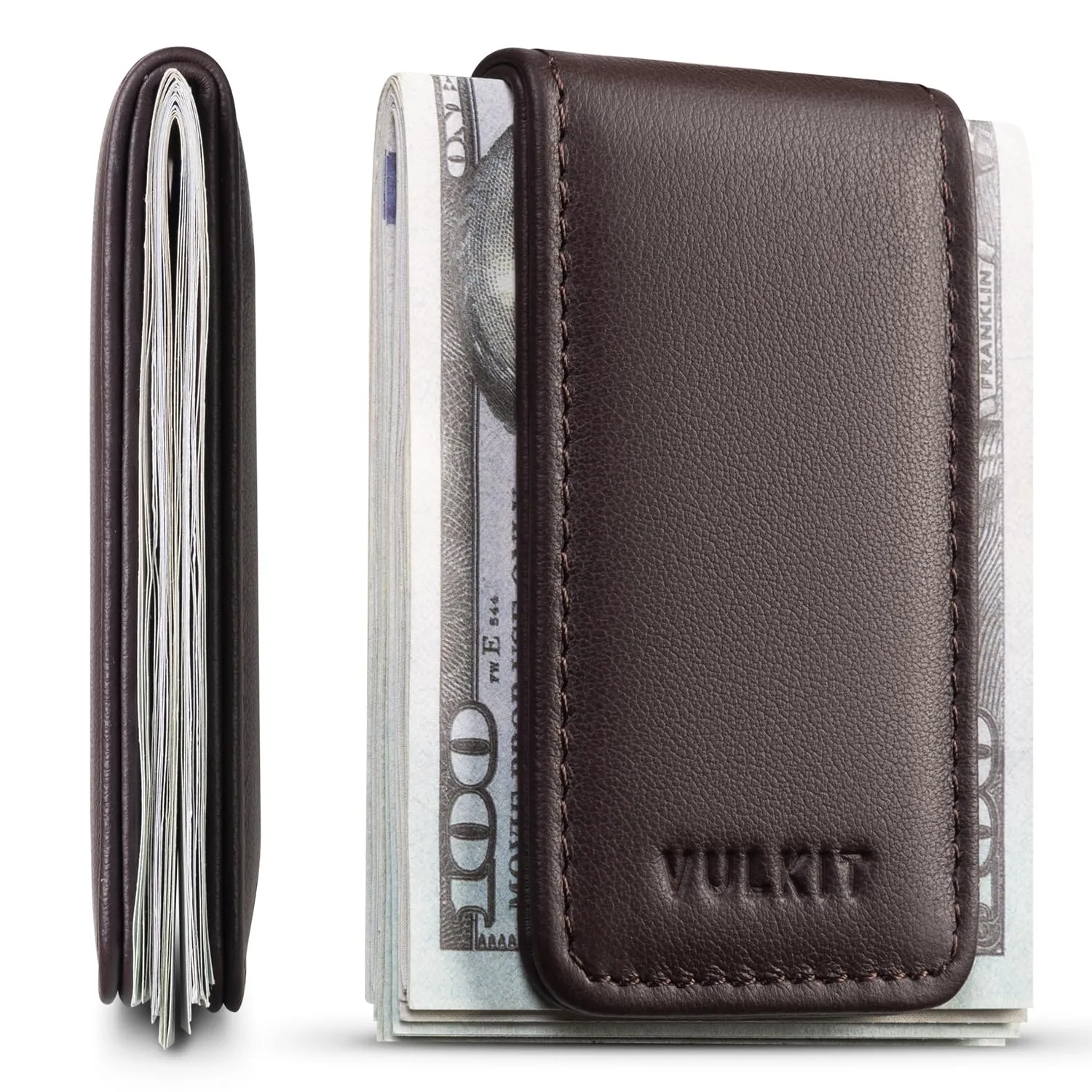 VULKIT Fermasoldi Magnetico Sottile Porta Biglietti da Visita in Pelle Porta Banconote Forte Magnete può Contenere 15 Banconote Piegate - immagine 1
