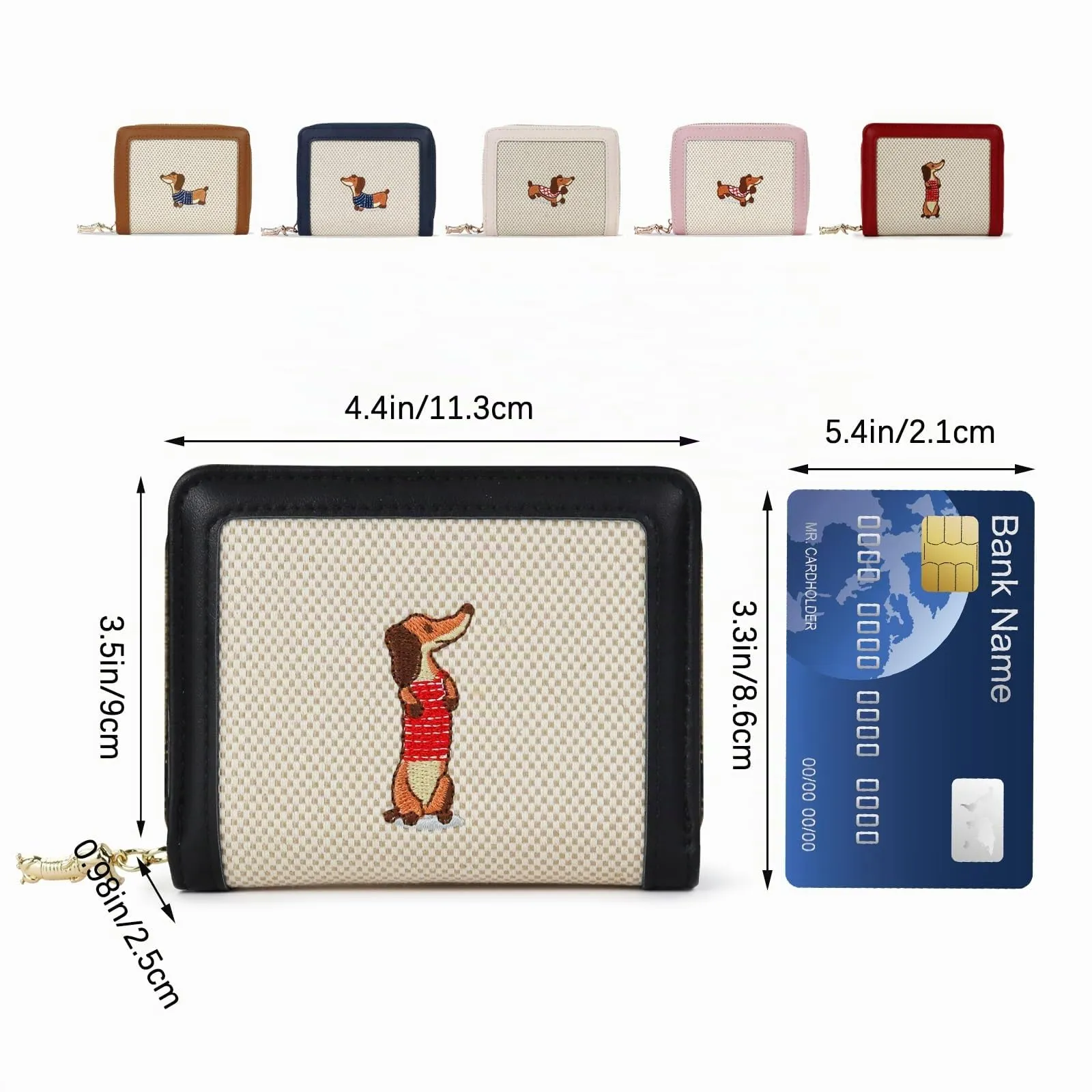 FuninCrea Piccolo portafoglio da donna, in ecopelle, con 5 scomparti per carte di credito, 1 finestra identificativa, con ricamo a bassotto, scomparto per monete con chiusura lampo, Blu mare, 11x 9x - immagine 2