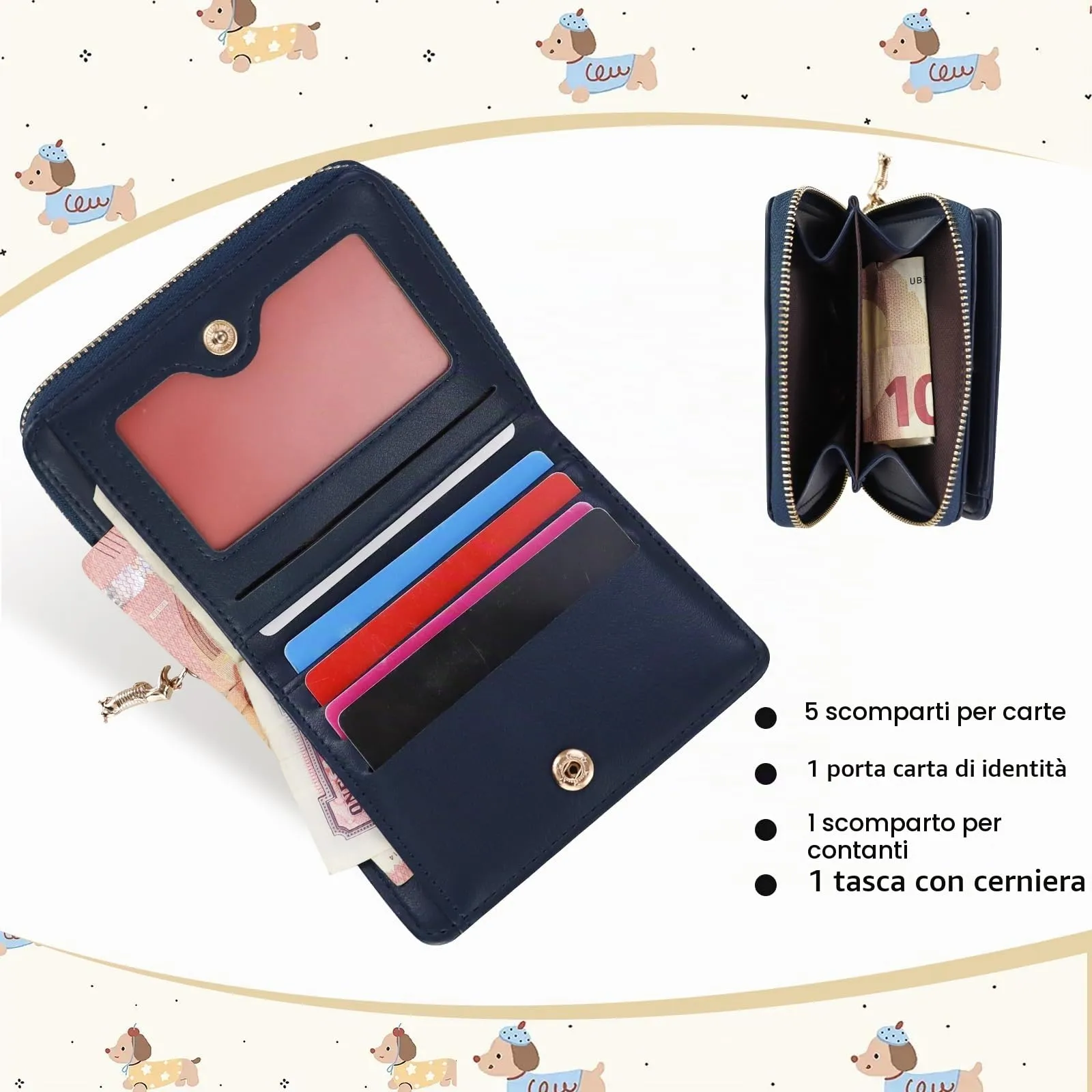 FuninCrea Piccolo portafoglio da donna, in ecopelle, con 5 scomparti per carte di credito, 1 finestra identificativa, con ricamo a bassotto, scomparto per monete con chiusura lampo, Blu mare, 11x 9x - immagine 4