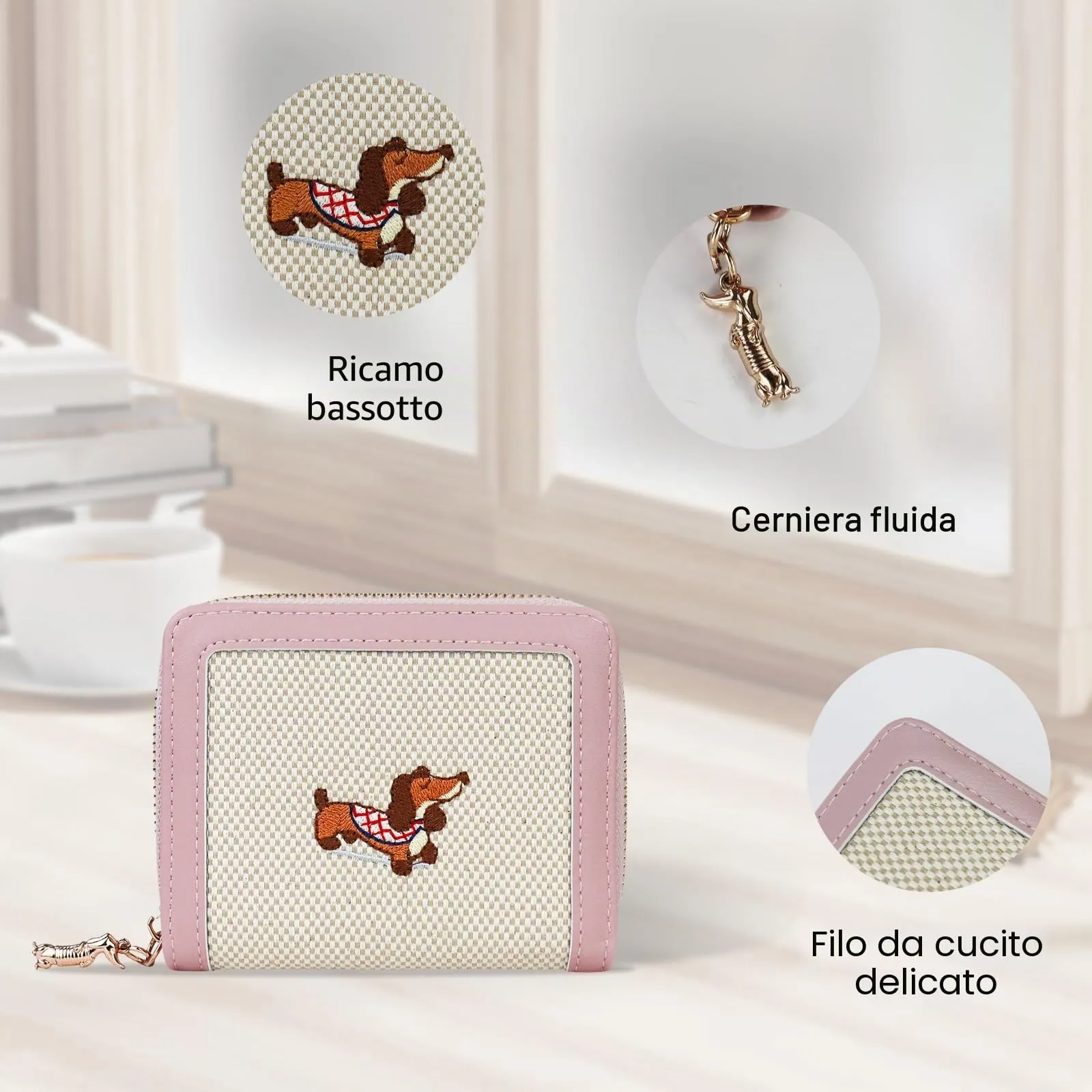 FuninCrea Piccolo portafoglio da donna, in ecopelle, con 5 scomparti per carte di credito, 1 finestra identificativa, con ricamo a bassotto, scomparto per monete con chiusura lampo, Colore: rosa., 11x - immagine 3