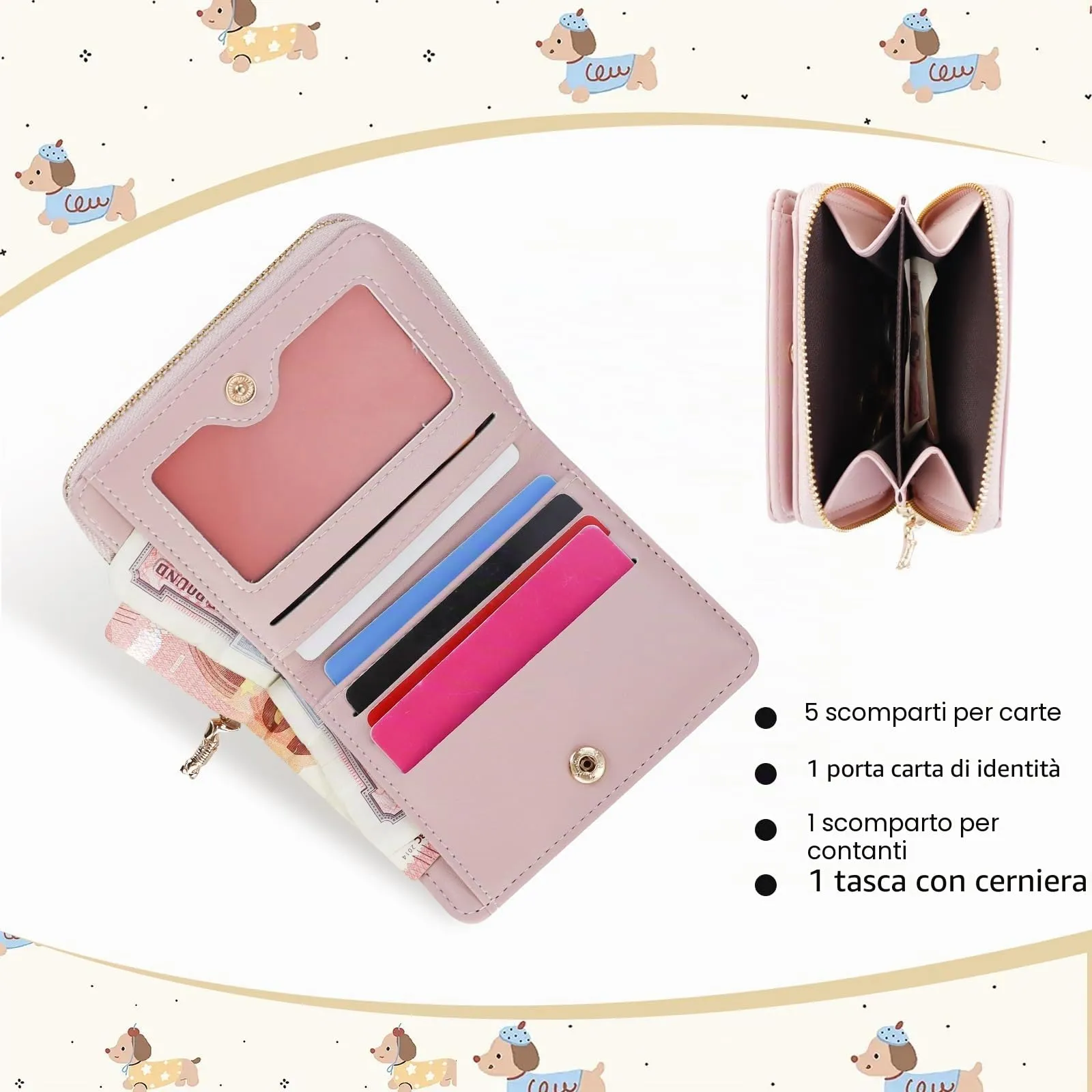 FuninCrea Piccolo portafoglio da donna, in ecopelle, con 5 scomparti per carte di credito, 1 finestra identificativa, con ricamo a bassotto, scomparto per monete con chiusura lampo, Colore: rosa., 11x - immagine 4