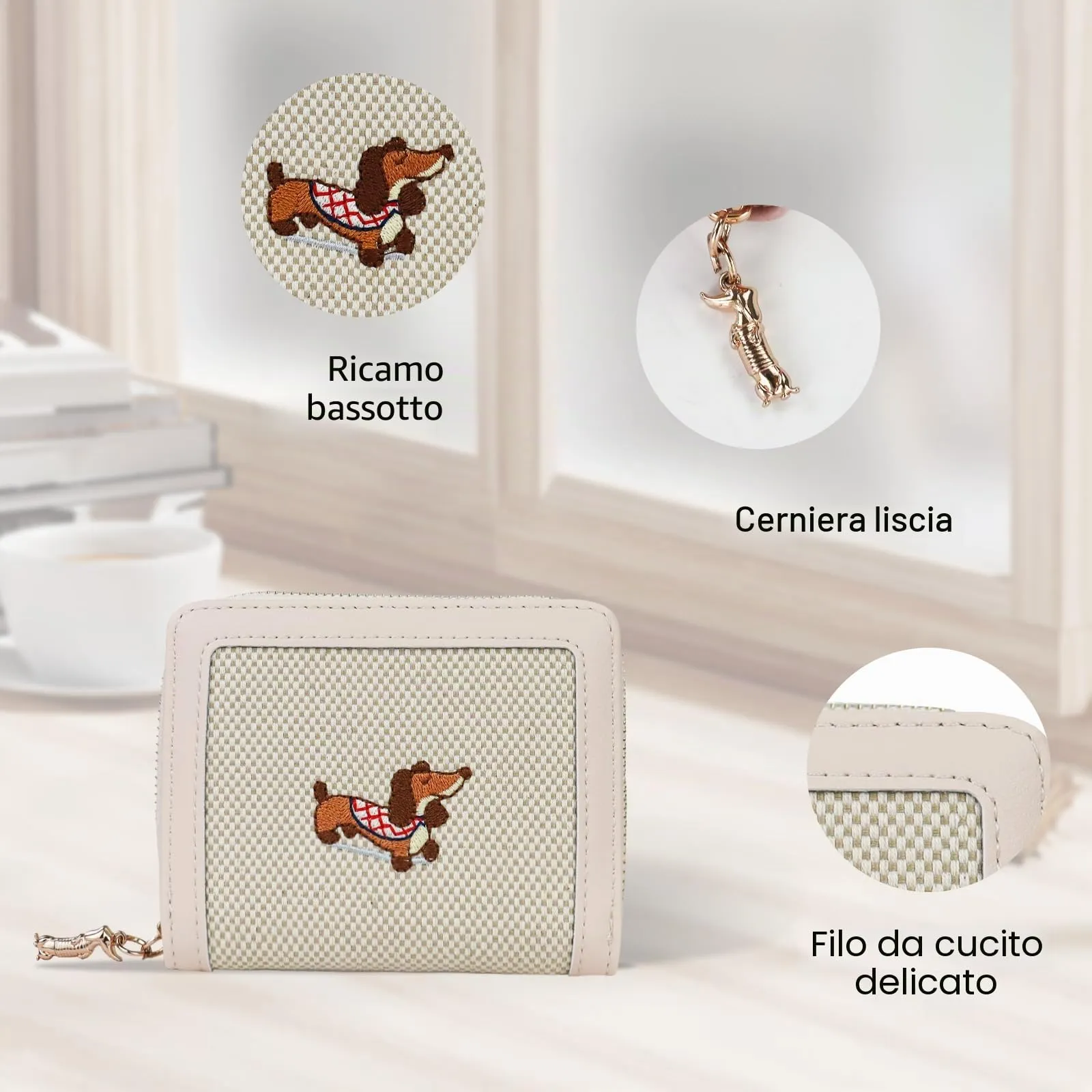 FuninCrea Piccolo portafoglio da donna, in ecopelle, con 5 scomparti per carte di credito, 1 finestra identificativa, con ricamo a bassotto, scomparto per monete con chiusura lampo, rosa chiaro, 11x - immagine 3