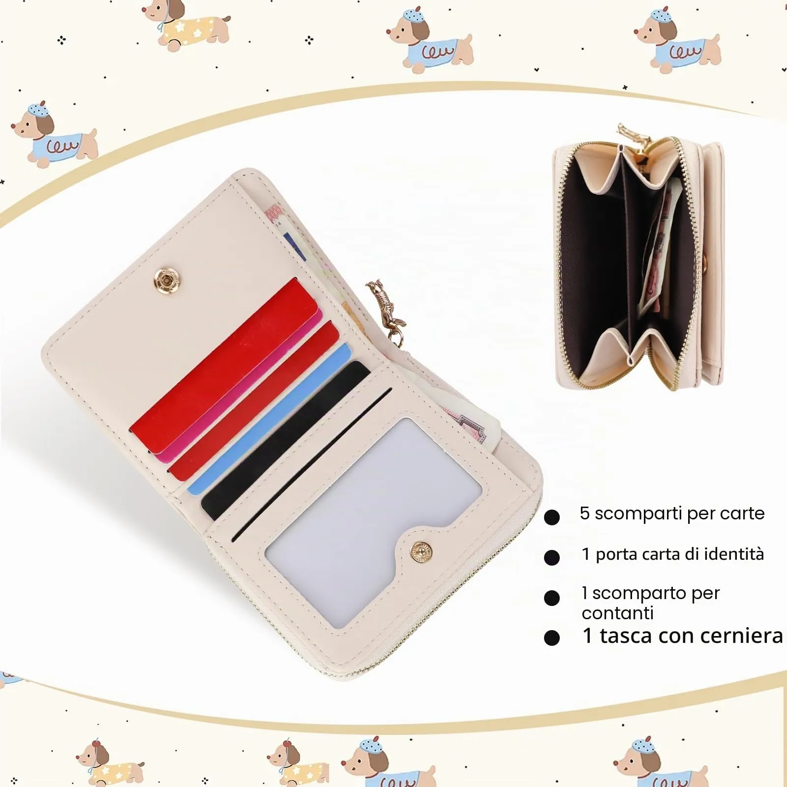 FuninCrea Piccolo portafoglio da donna, in ecopelle, con 5 scomparti per carte di credito, 1 finestra identificativa, con ricamo a bassotto, scomparto per monete con chiusura lampo, rosa chiaro, 11x - immagine 4