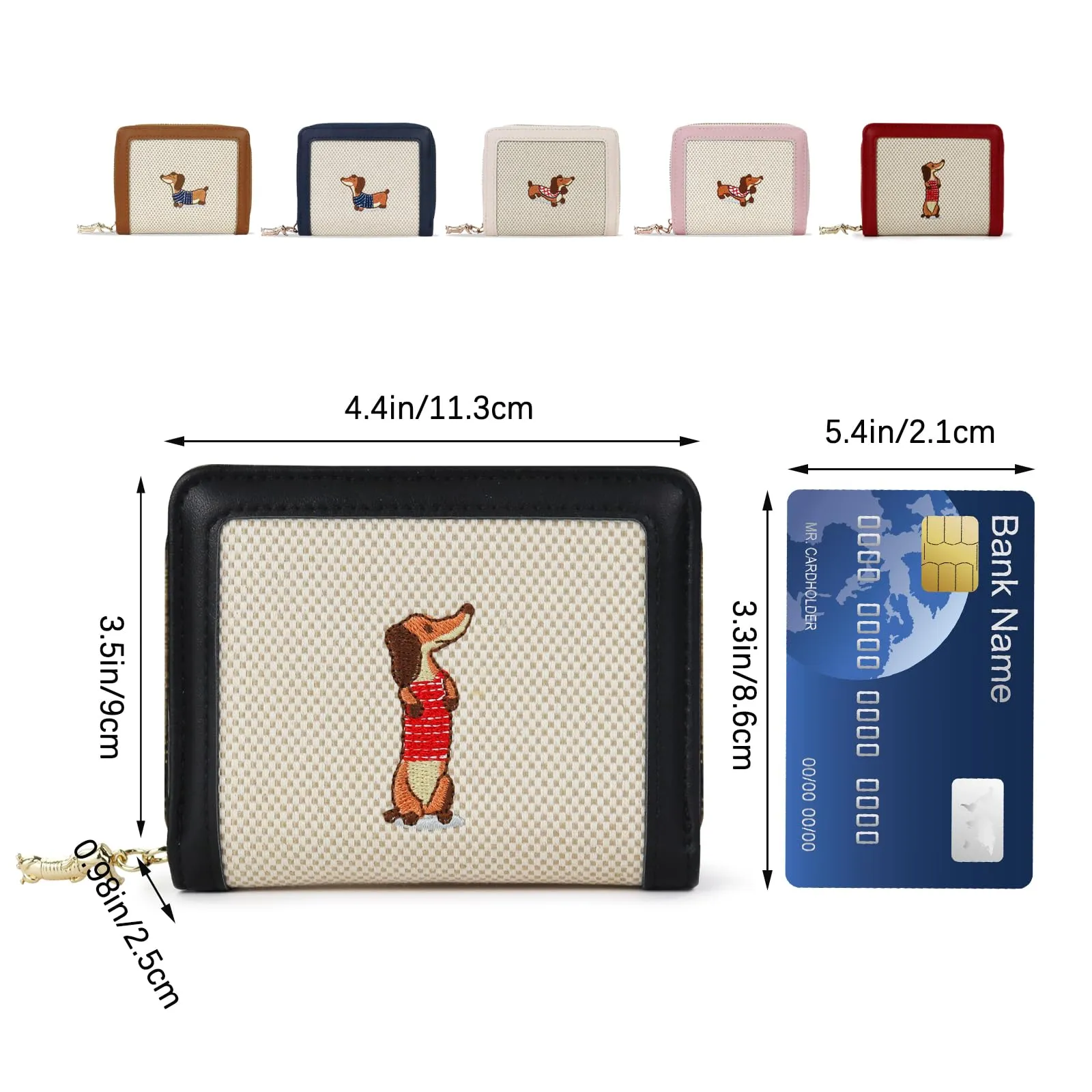FuninCrea Piccolo portafoglio da donna, in ecopelle, con 5 scomparti per carte di credito, 1 finestra identificativa, con ricamo a bassotto, scomparto per monete con chiusura lampo, marrone, 11x 9x - immagine 2