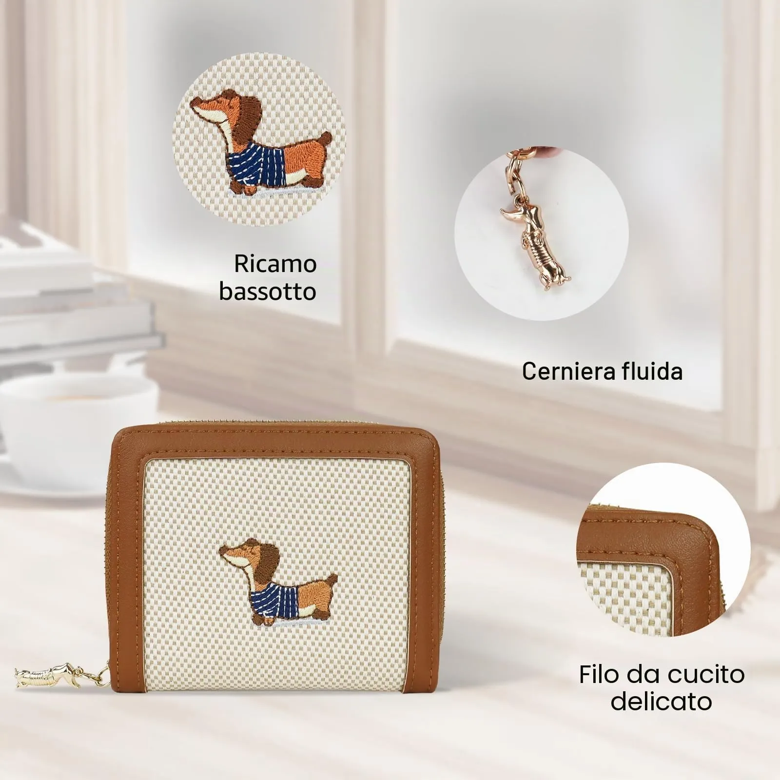 FuninCrea Piccolo portafoglio da donna, in ecopelle, con 5 scomparti per carte di credito, 1 finestra identificativa, con ricamo a bassotto, scomparto per monete con chiusura lampo, marrone, 11x 9x - immagine 3