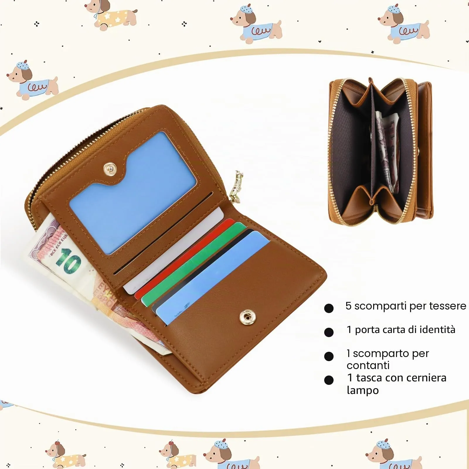 FuninCrea Piccolo portafoglio da donna, in ecopelle, con 5 scomparti per carte di credito, 1 finestra identificativa, con ricamo a bassotto, scomparto per monete con chiusura lampo, marrone, 11x 9x - immagine 4