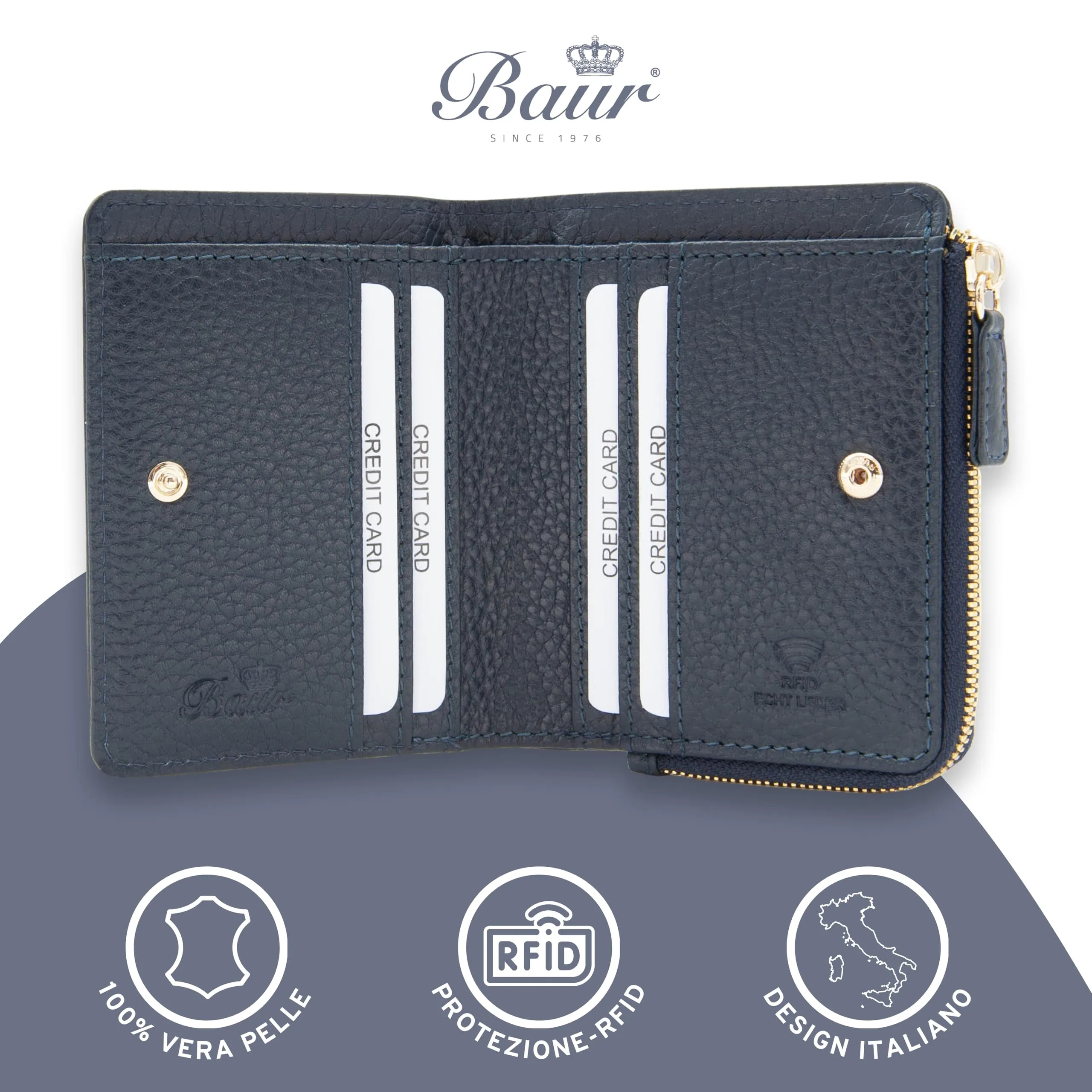 Baur portafoglio da donna piccolo – vera pelle con protezione RFID – portafoglio con 7 scomparti carte – chiusura bottone a pressione e tasca portamonete con cerniera (Cerniera oro, Blu scuro) - immagine 2