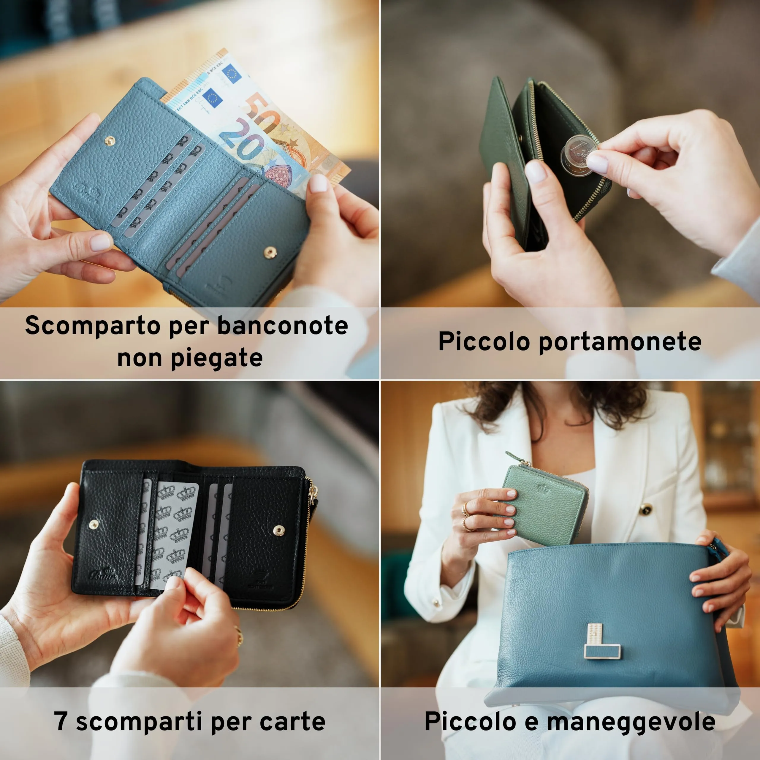 Baur portafoglio da donna piccolo – vera pelle con protezione RFID – portafoglio con 7 scomparti carte – chiusura bottone a pressione e tasca portamonete con cerniera (Cerniera oro, Blu scuro) - immagine 3
