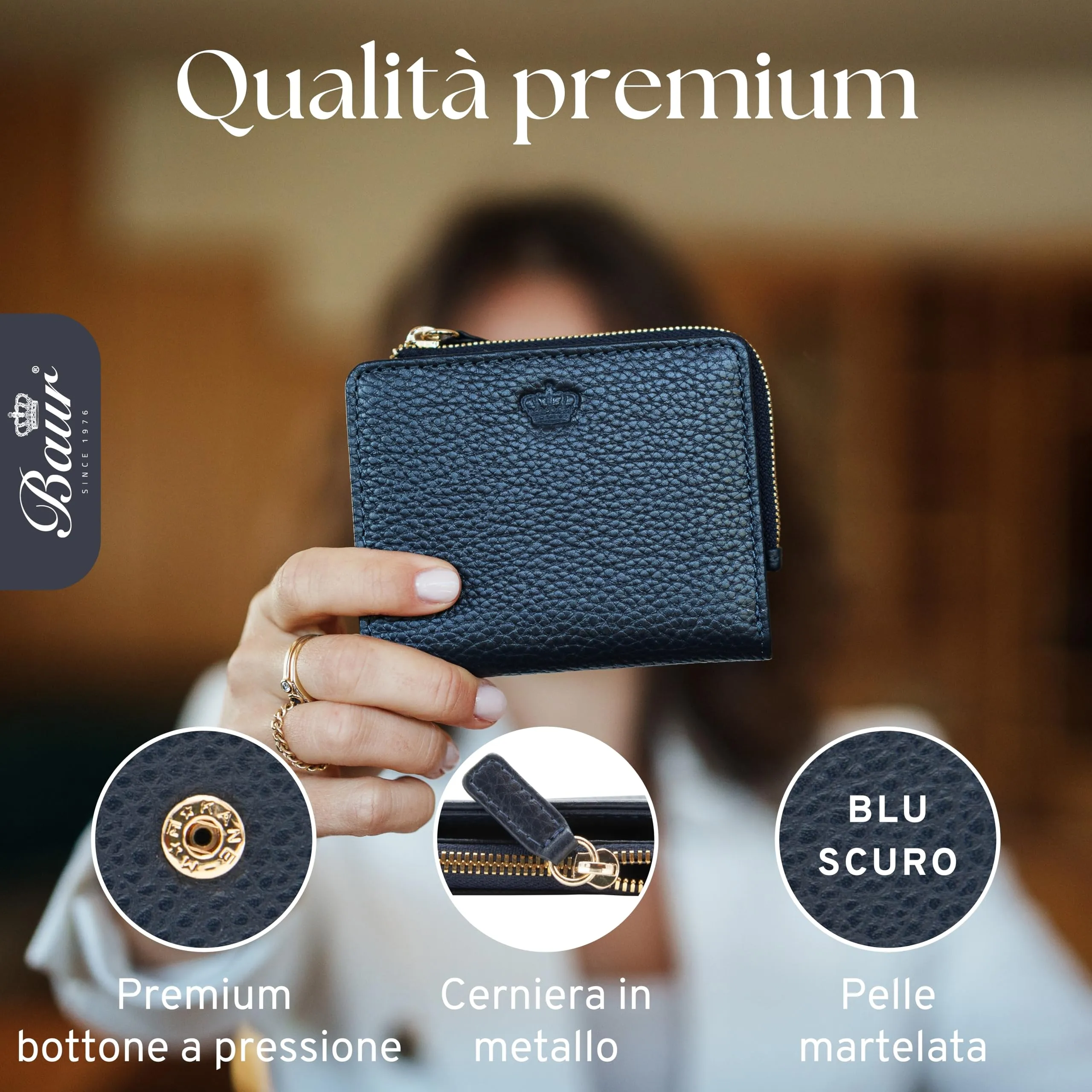 Baur portafoglio da donna piccolo – vera pelle con protezione RFID – portafoglio con 7 scomparti carte – chiusura bottone a pressione e tasca portamonete con cerniera (Cerniera oro, Blu scuro) - immagine 4