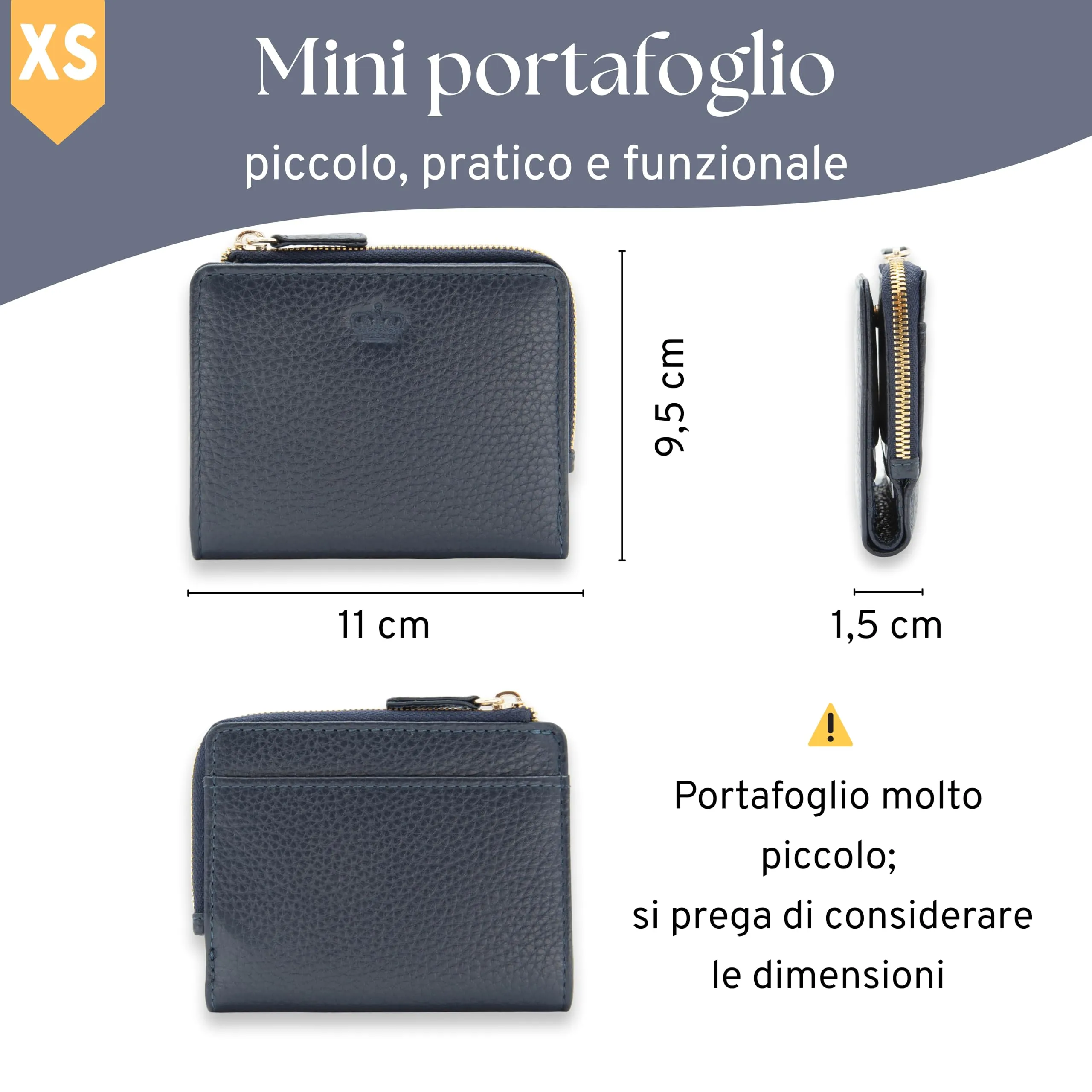 Baur portafoglio da donna piccolo – vera pelle con protezione RFID – portafoglio con 7 scomparti carte – chiusura bottone a pressione e tasca portamonete con cerniera (Cerniera oro, Blu scuro) - immagine 5