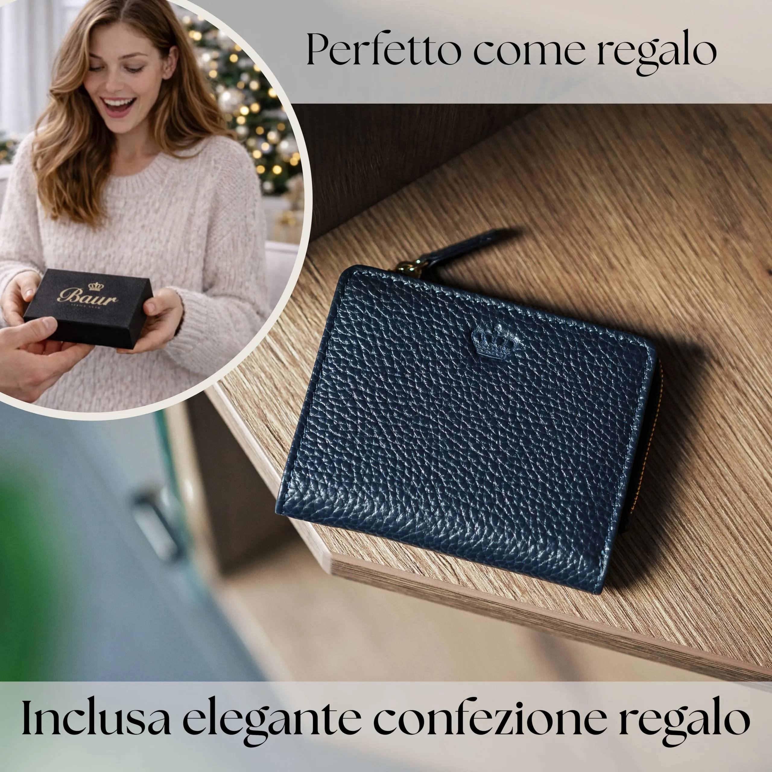 Baur portafoglio da donna piccolo – vera pelle con protezione RFID – portafoglio con 7 scomparti carte – chiusura bottone a pressione e tasca portamonete con cerniera (Cerniera oro, Blu scuro) - immagine 6