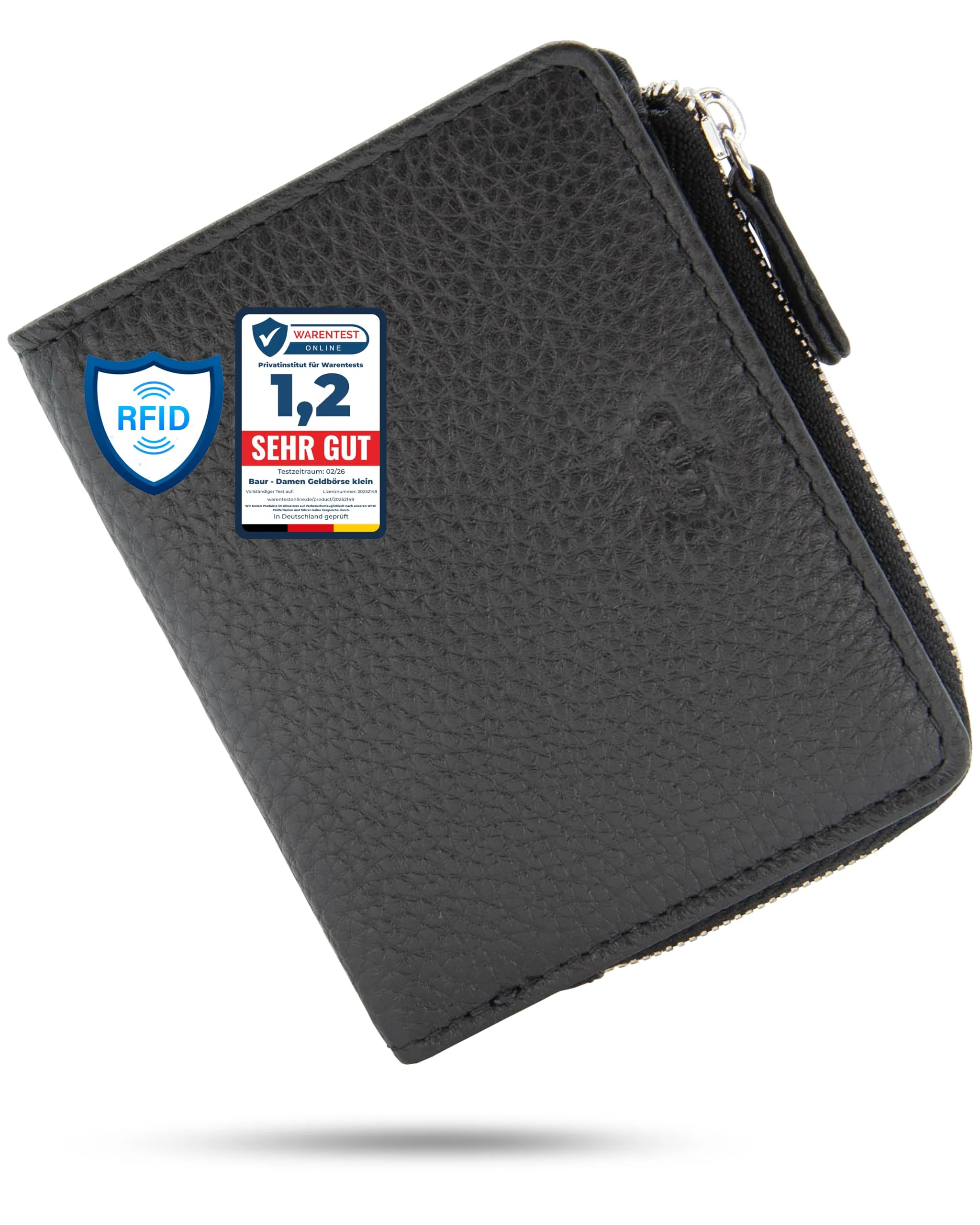 Baur portafoglio da donna piccolo – vera pelle con protezione RFID – portafoglio con 7 scomparti carte – chiusura bottone a pressione e tasca portamonete con cerniera (Cerniera argento, Nero) - immagine 1