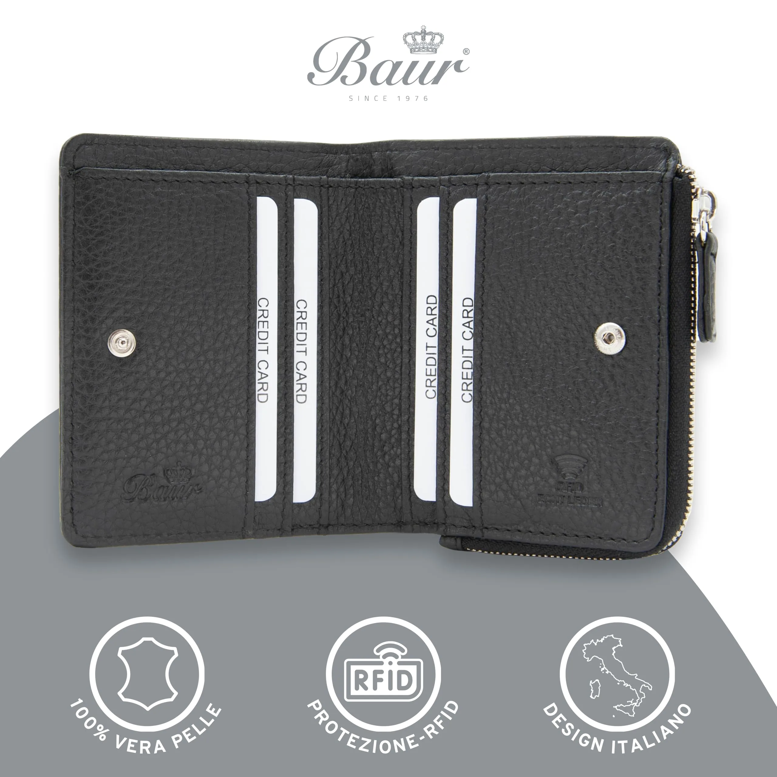 Baur portafoglio da donna piccolo – vera pelle con protezione RFID – portafoglio con 7 scomparti carte – chiusura bottone a pressione e tasca portamonete con cerniera (Cerniera argento, Nero) - immagine 2