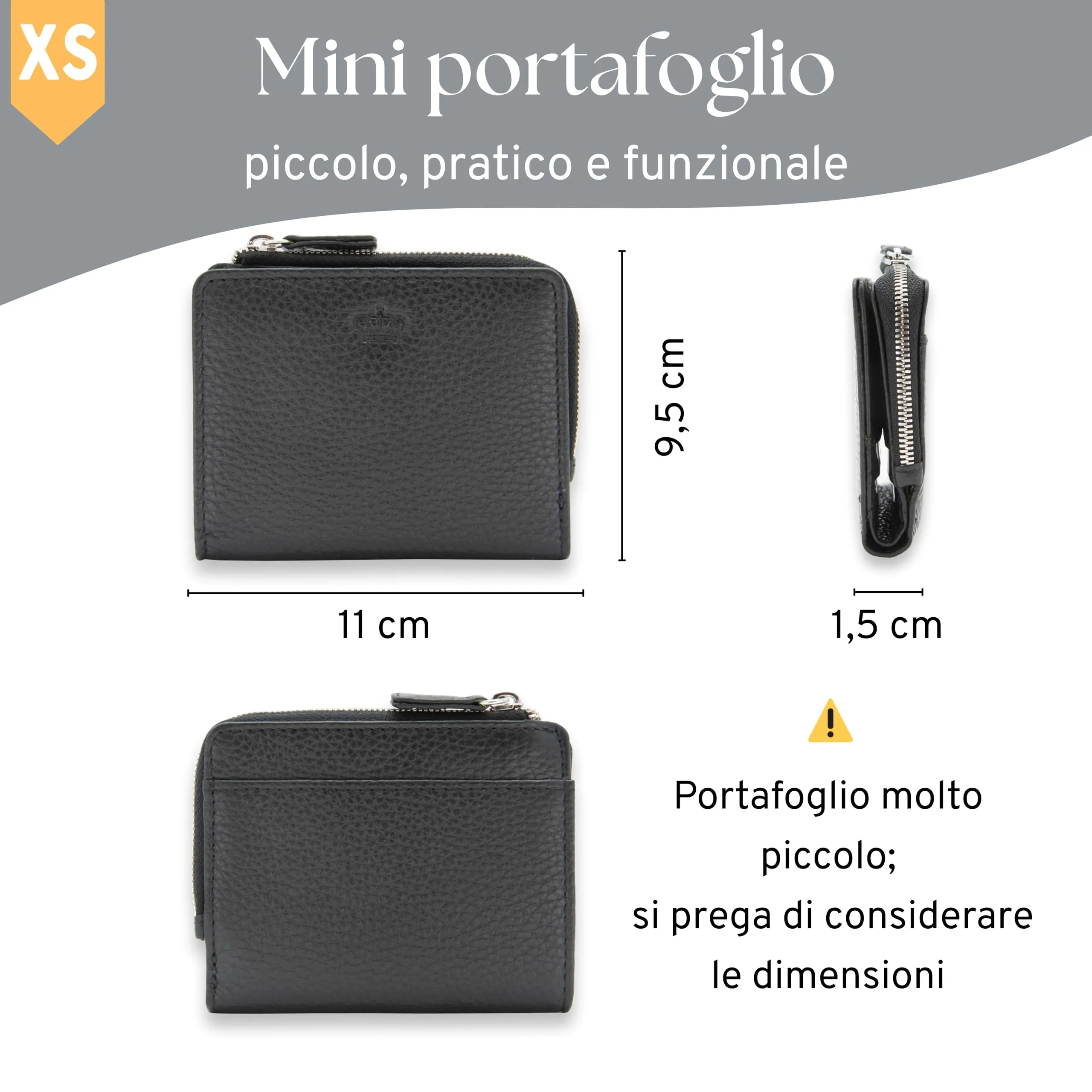 Baur portafoglio da donna piccolo – vera pelle con protezione RFID – portafoglio con 7 scomparti carte – chiusura bottone a pressione e tasca portamonete con cerniera (Cerniera argento, Nero) - immagine 5