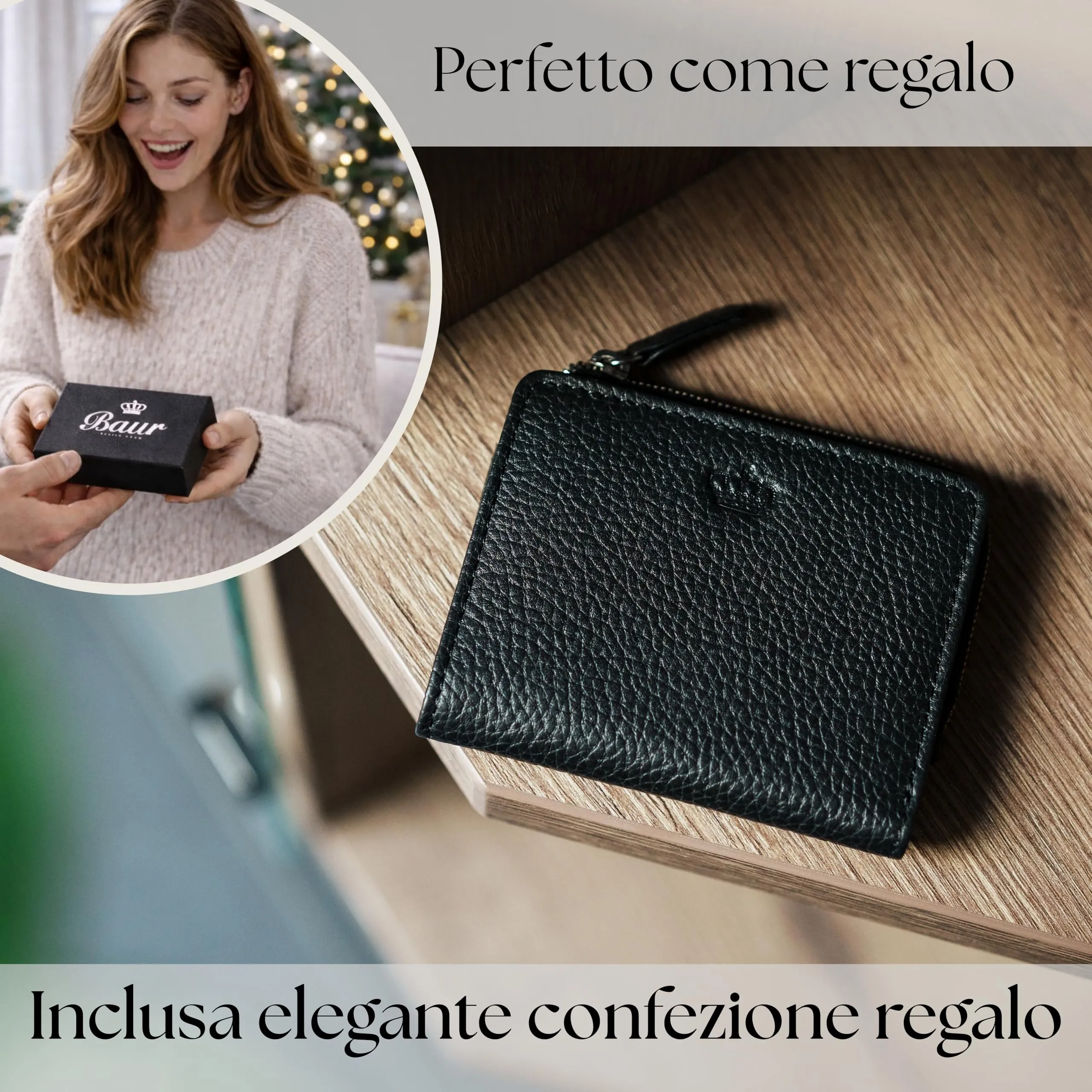 Baur portafoglio da donna piccolo – vera pelle con protezione RFID – portafoglio con 7 scomparti carte – chiusura bottone a pressione e tasca portamonete con cerniera (Cerniera argento, Nero) - immagine 6