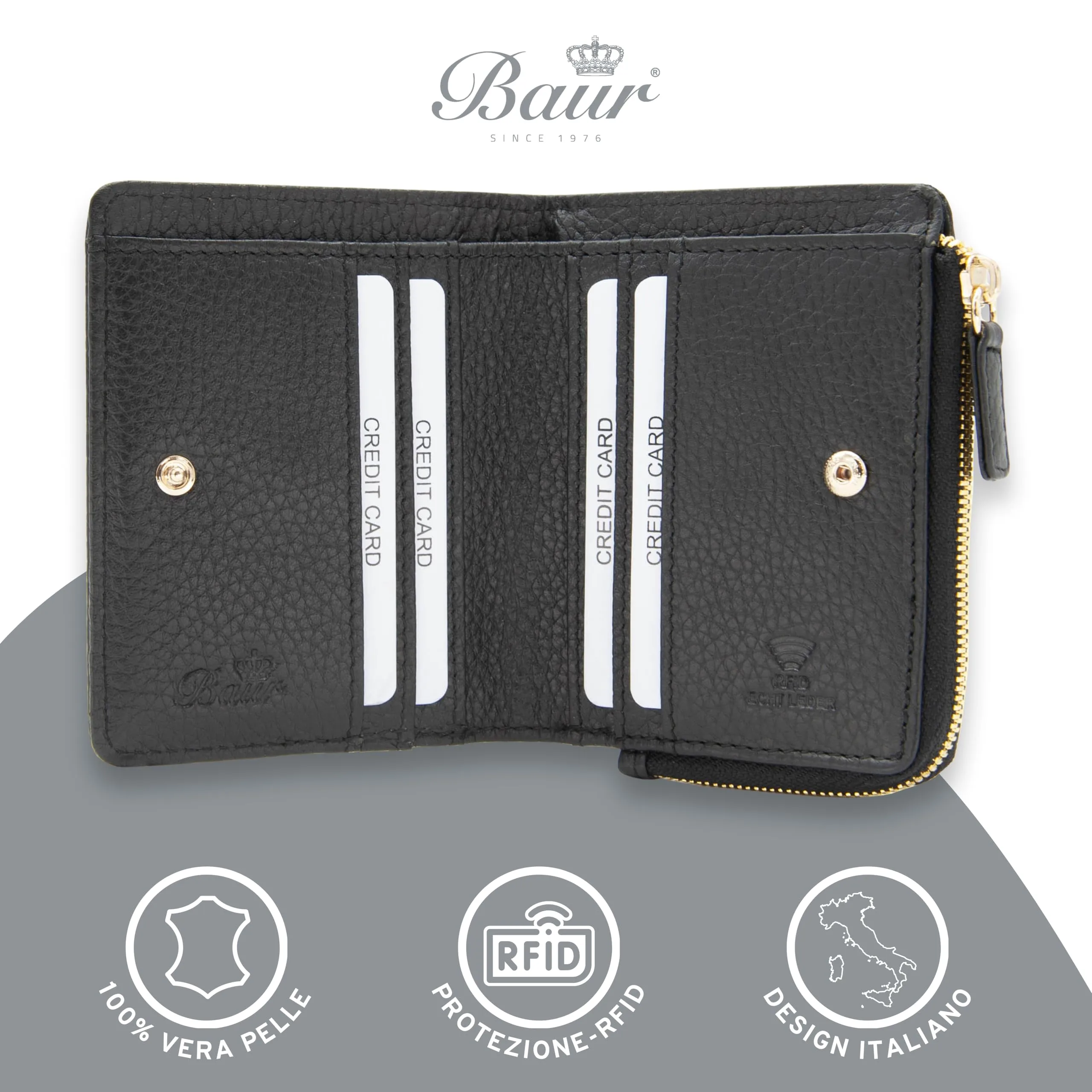 Baur portafoglio da donna piccolo – vera pelle con protezione RFID – portafoglio con 7 scomparti carte – chiusura bottone a pressione e tasca portamonete con cerniera (Cerniera oro, Nero) - immagine 2