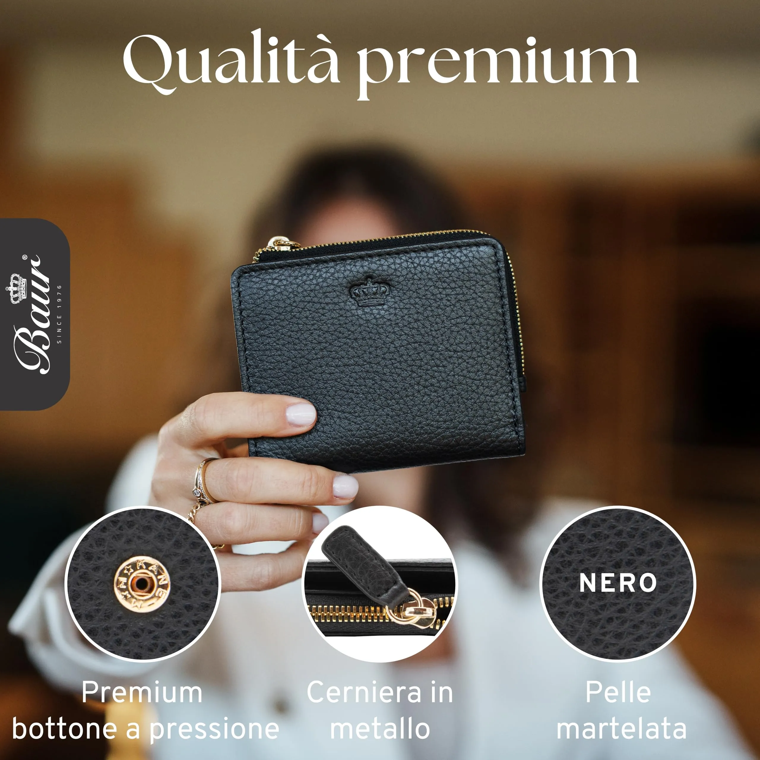 Baur portafoglio da donna piccolo – vera pelle con protezione RFID – portafoglio con 7 scomparti carte – chiusura bottone a pressione e tasca portamonete con cerniera (Cerniera oro, Nero) - immagine 4