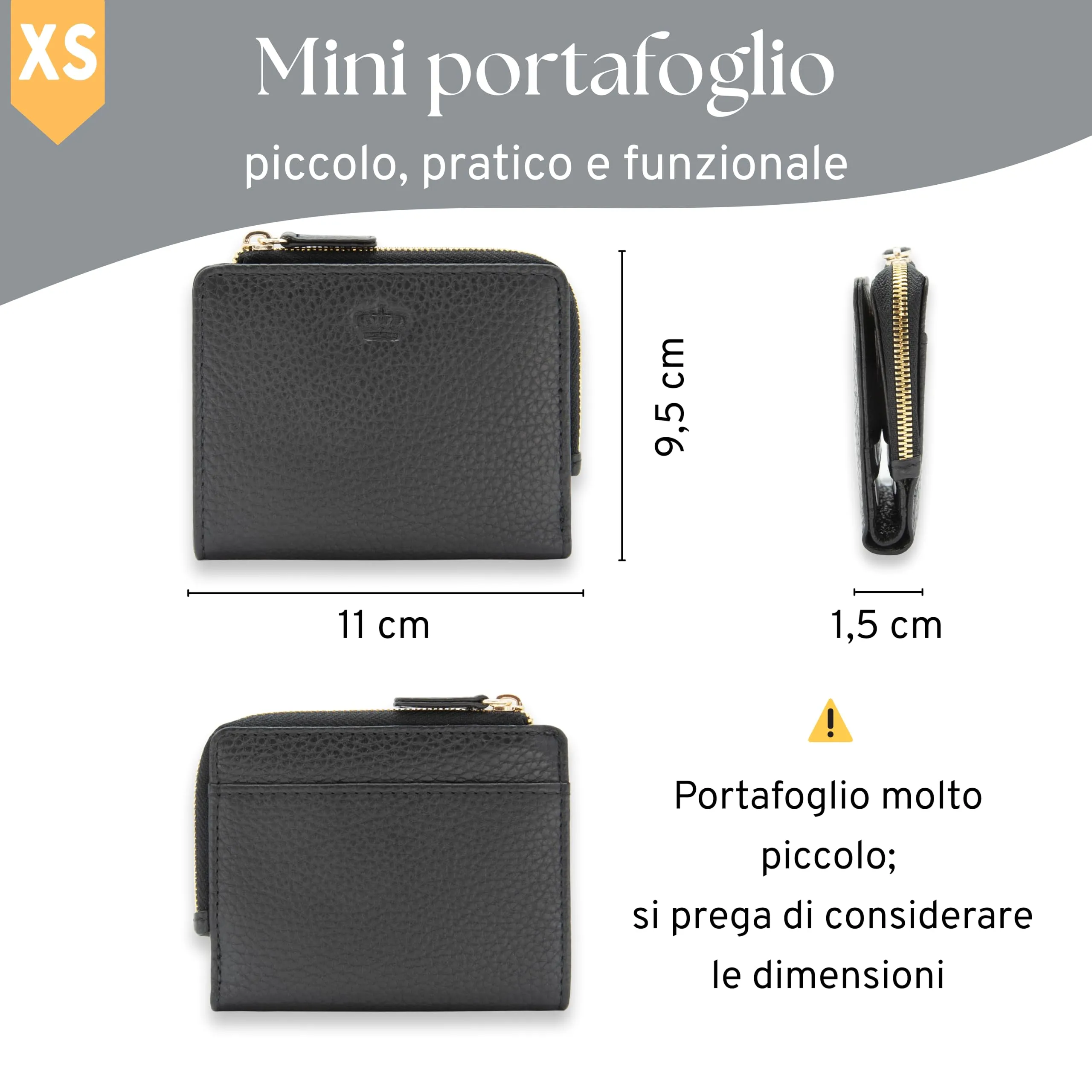 Baur portafoglio da donna piccolo – vera pelle con protezione RFID – portafoglio con 7 scomparti carte – chiusura bottone a pressione e tasca portamonete con cerniera (Cerniera oro, Nero) - immagine 5