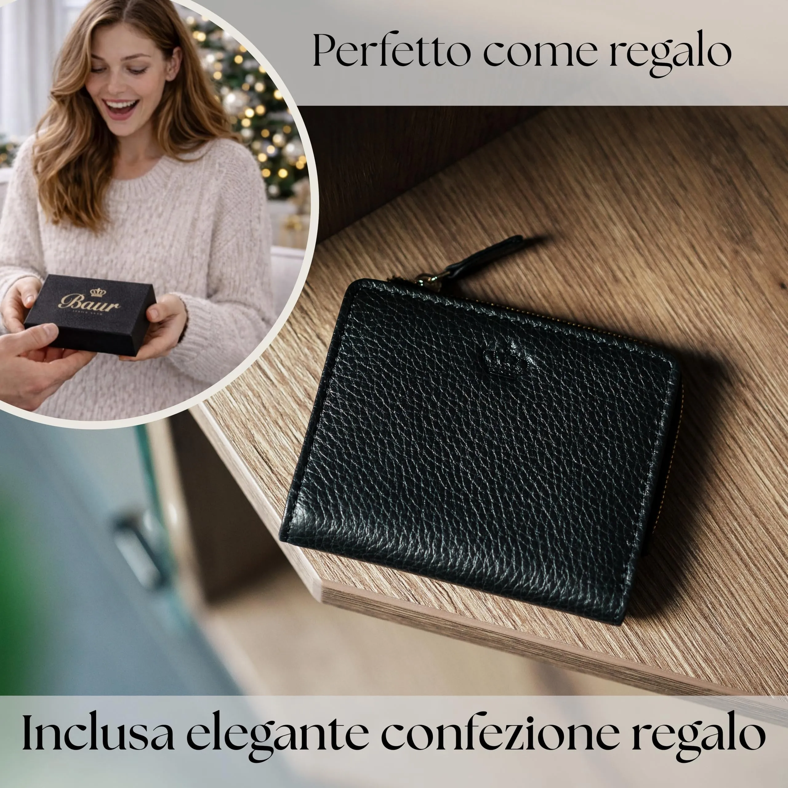 Baur portafoglio da donna piccolo – vera pelle con protezione RFID – portafoglio con 7 scomparti carte – chiusura bottone a pressione e tasca portamonete con cerniera (Cerniera oro, Nero) - immagine 6