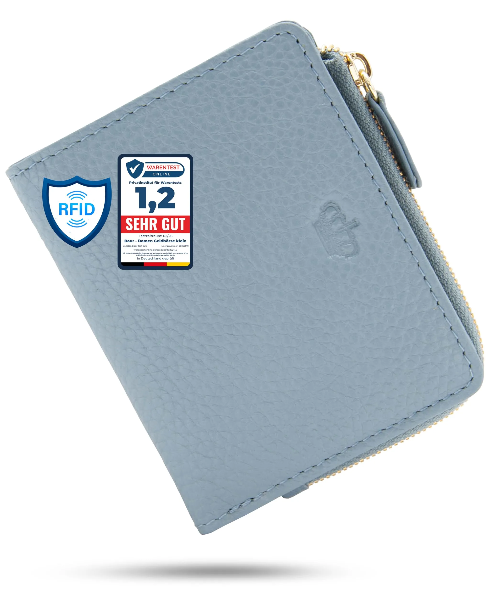 Baur portafoglio da donna piccolo – vera pelle con protezione RFID – portafoglio con 7 scomparti carte – chiusura bottone a pressione e tasca portamonete con cerniera (Cerniera oro, Blu colomba) - immagine 1