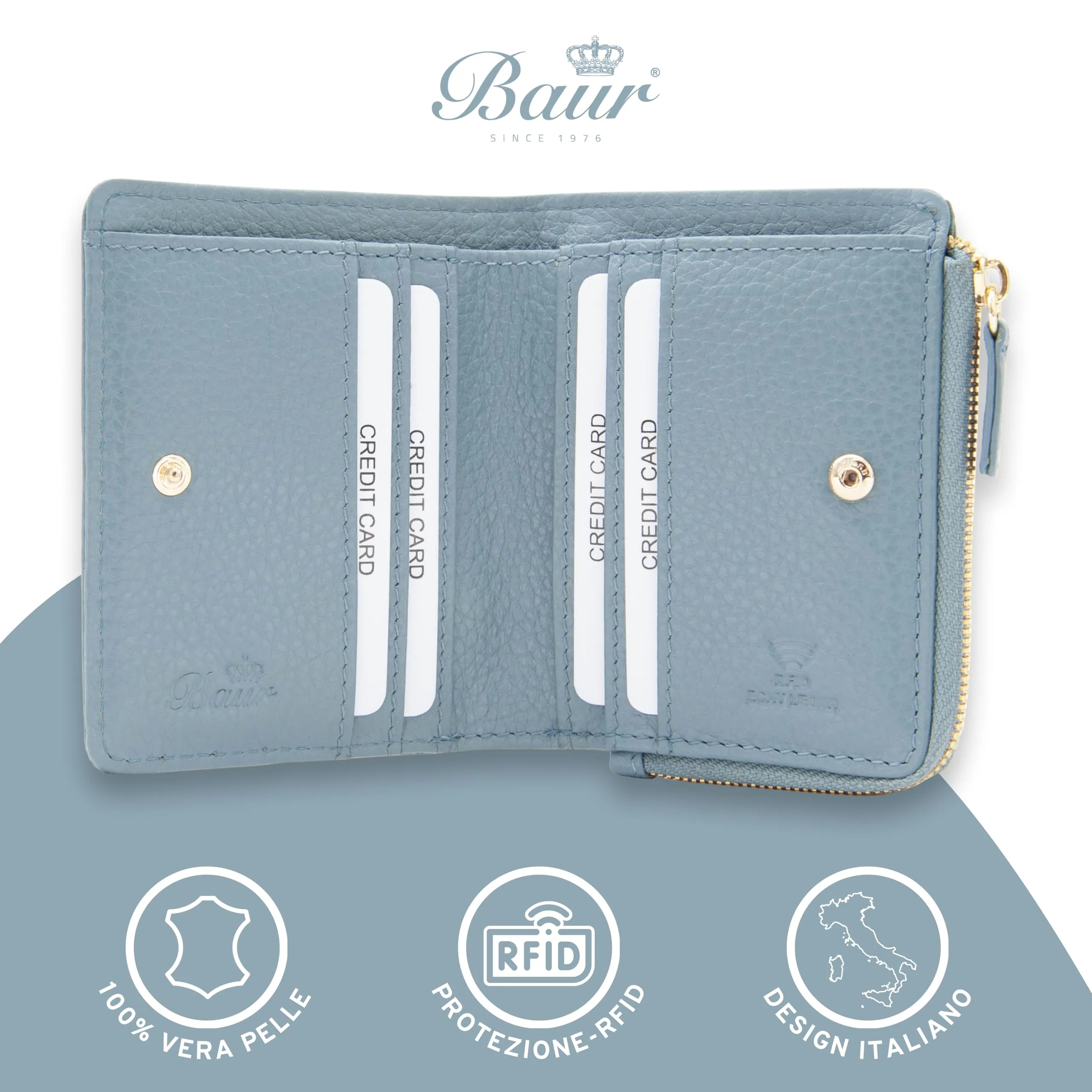 Baur portafoglio da donna piccolo – vera pelle con protezione RFID – portafoglio con 7 scomparti carte – chiusura bottone a pressione e tasca portamonete con cerniera (Cerniera oro, Blu colomba) - immagine 2