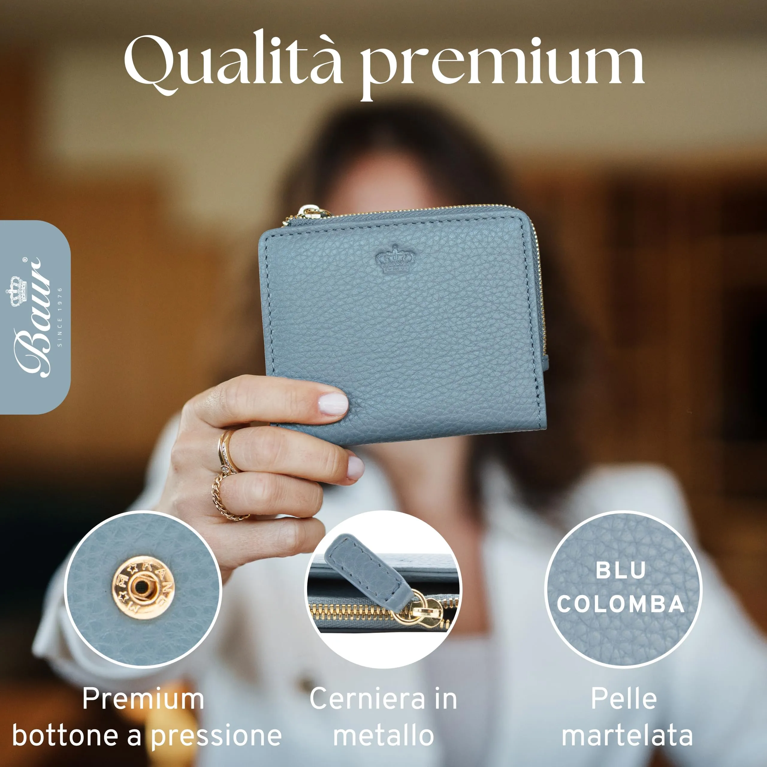 Baur portafoglio da donna piccolo – vera pelle con protezione RFID – portafoglio con 7 scomparti carte – chiusura bottone a pressione e tasca portamonete con cerniera (Cerniera oro, Blu colomba) - immagine 4