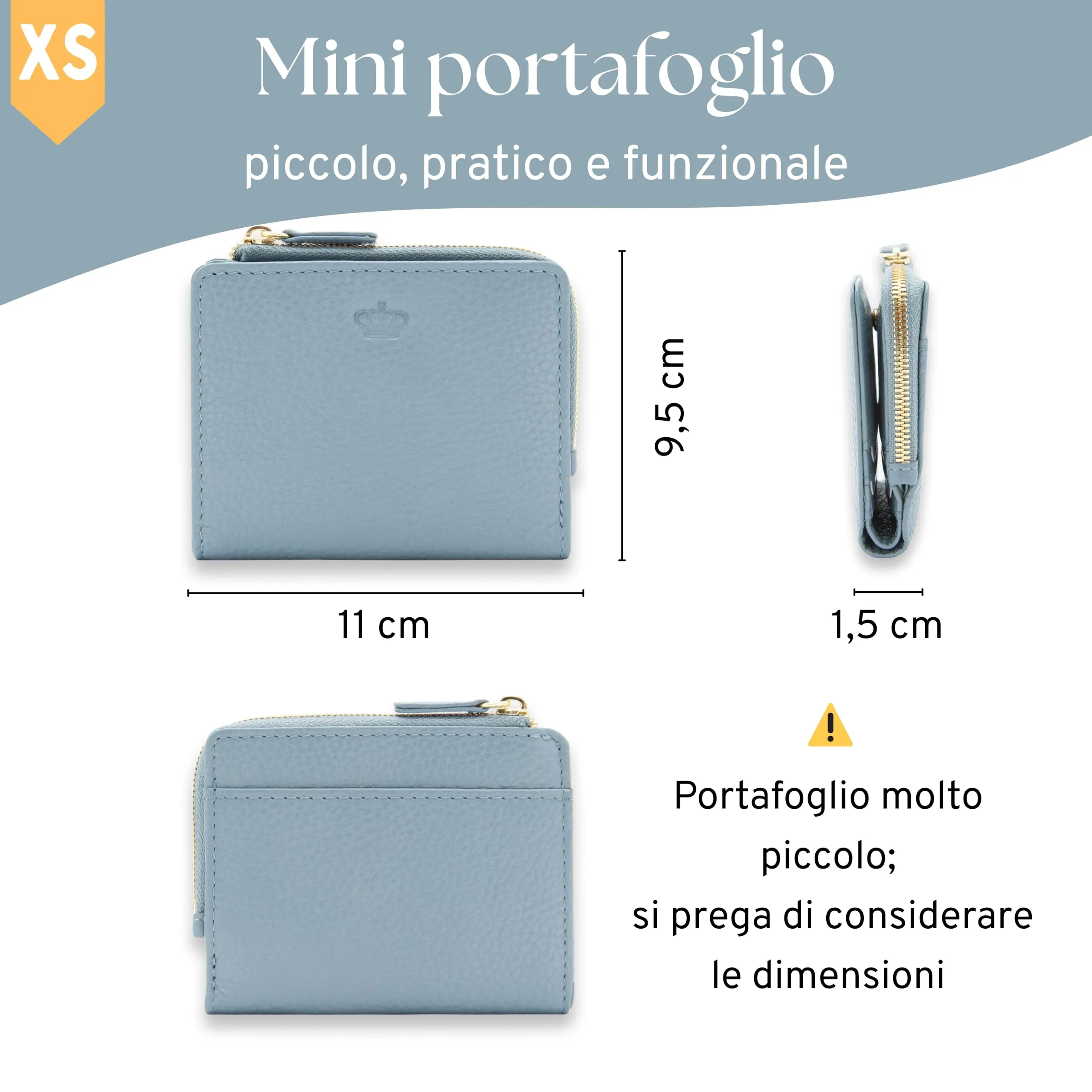 Baur portafoglio da donna piccolo – vera pelle con protezione RFID – portafoglio con 7 scomparti carte – chiusura bottone a pressione e tasca portamonete con cerniera (Cerniera oro, Blu colomba) - immagine 5