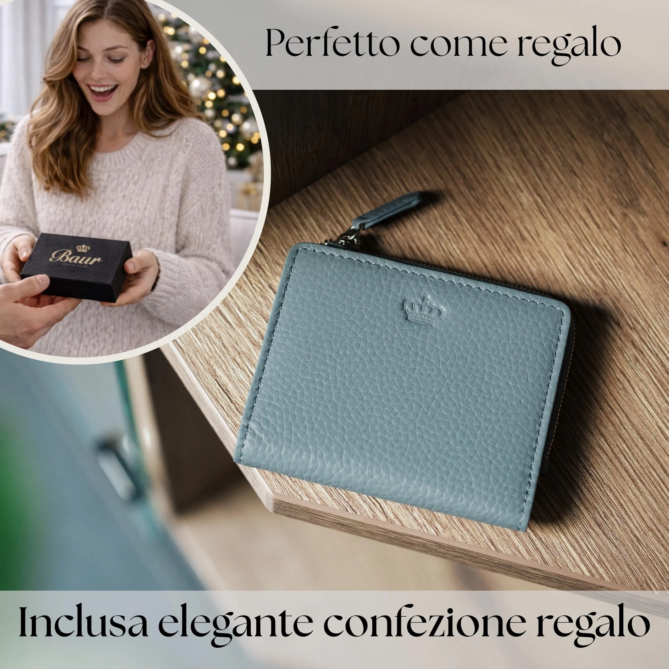 Baur portafoglio da donna piccolo – vera pelle con protezione RFID – portafoglio con 7 scomparti carte – chiusura bottone a pressione e tasca portamonete con cerniera (Cerniera oro, Blu colomba) - immagine 6