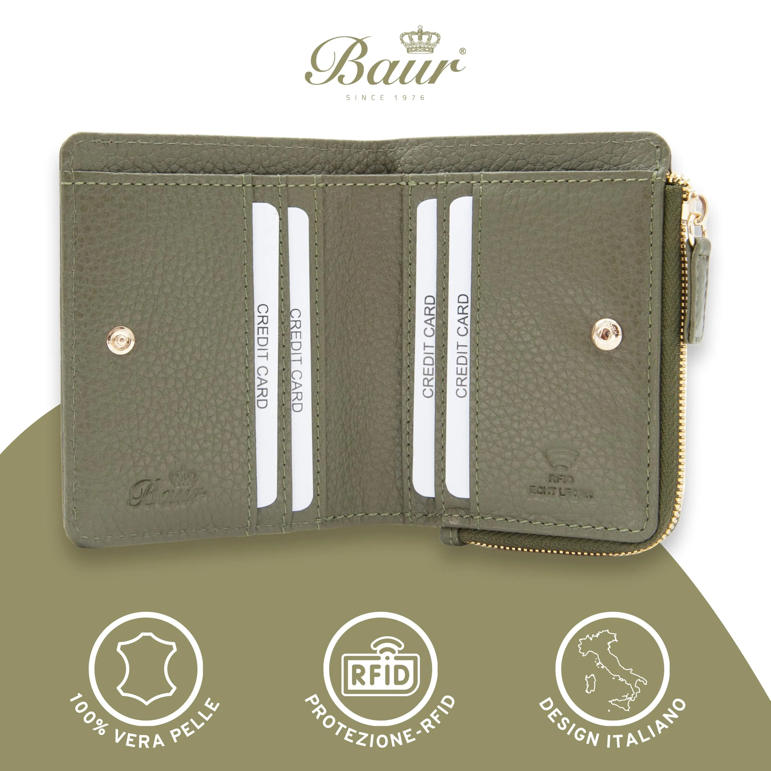 Baur portafoglio da donna piccolo – vera pelle con protezione RFID – portafoglio con 7 scomparti carte – chiusura bottone a pressione e tasca portamonete con cerniera (Cerniera oro, Verde oliva) - immagine 2