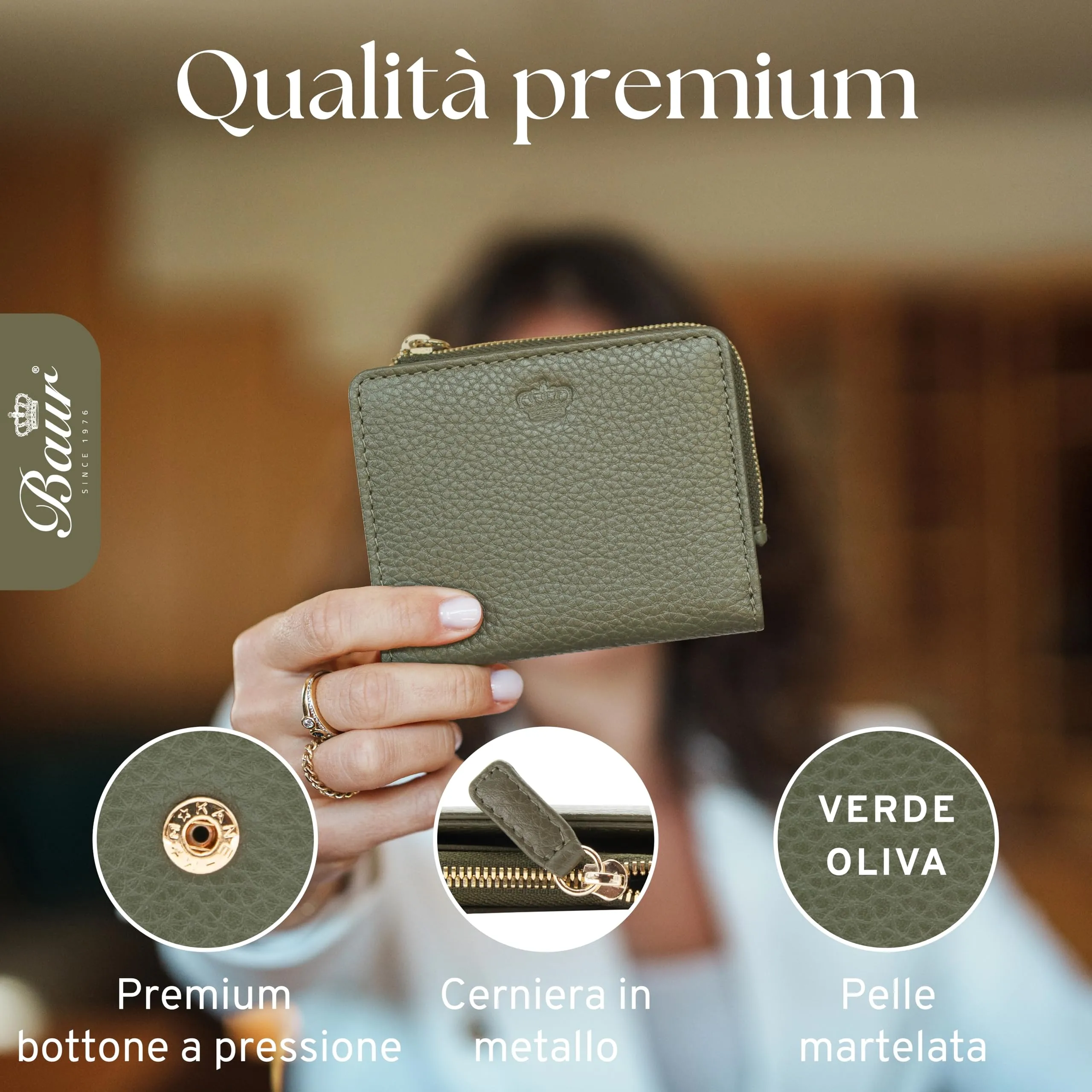 Baur portafoglio da donna piccolo – vera pelle con protezione RFID – portafoglio con 7 scomparti carte – chiusura bottone a pressione e tasca portamonete con cerniera (Cerniera oro, Verde oliva) - immagine 4