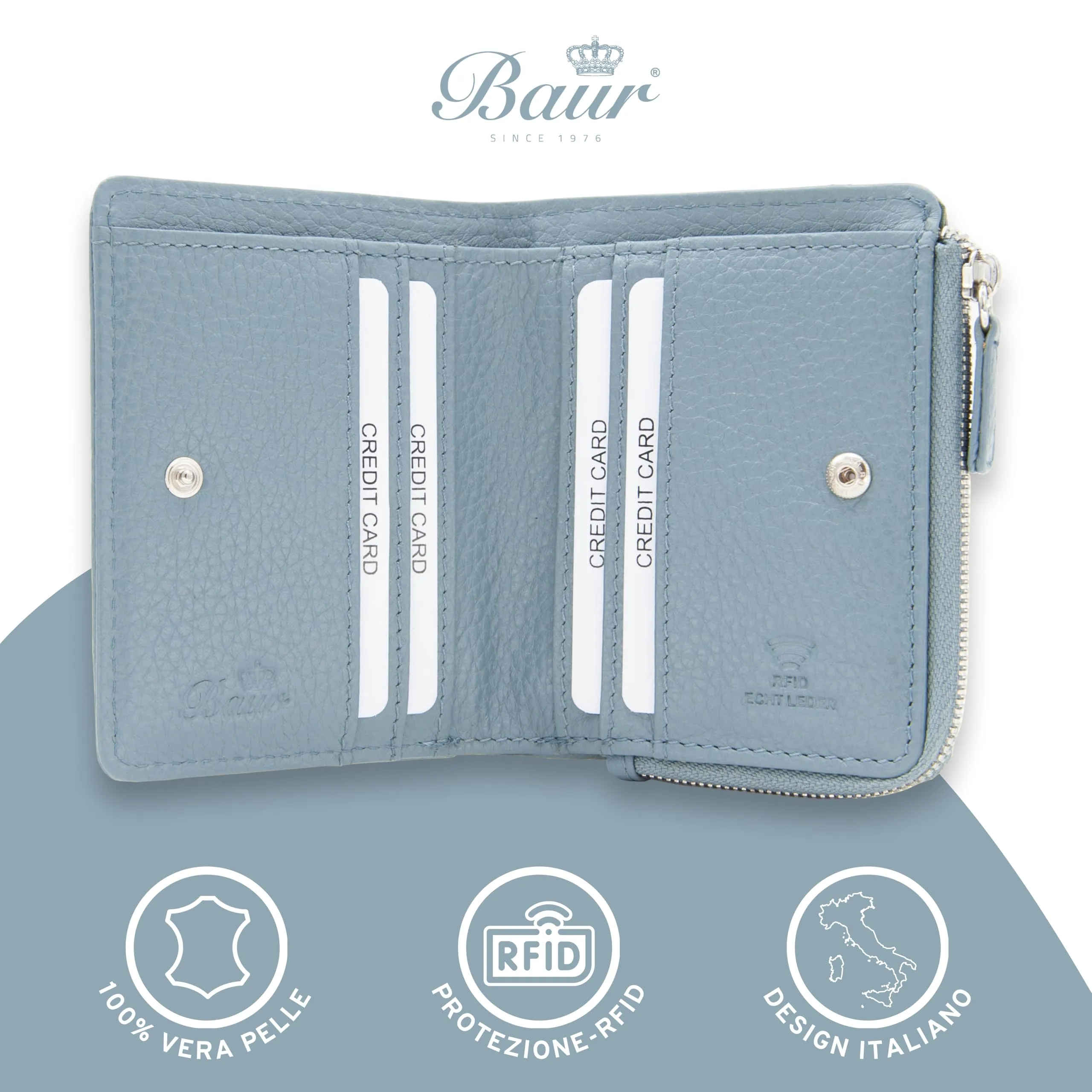 Baur portafoglio da donna piccolo – vera pelle con protezione RFID – portafoglio con 7 scomparti carte – chiusura bottone a pressione e tasca portamonete con cerniera (Cerniera argento, Blu colomba) - immagine 2