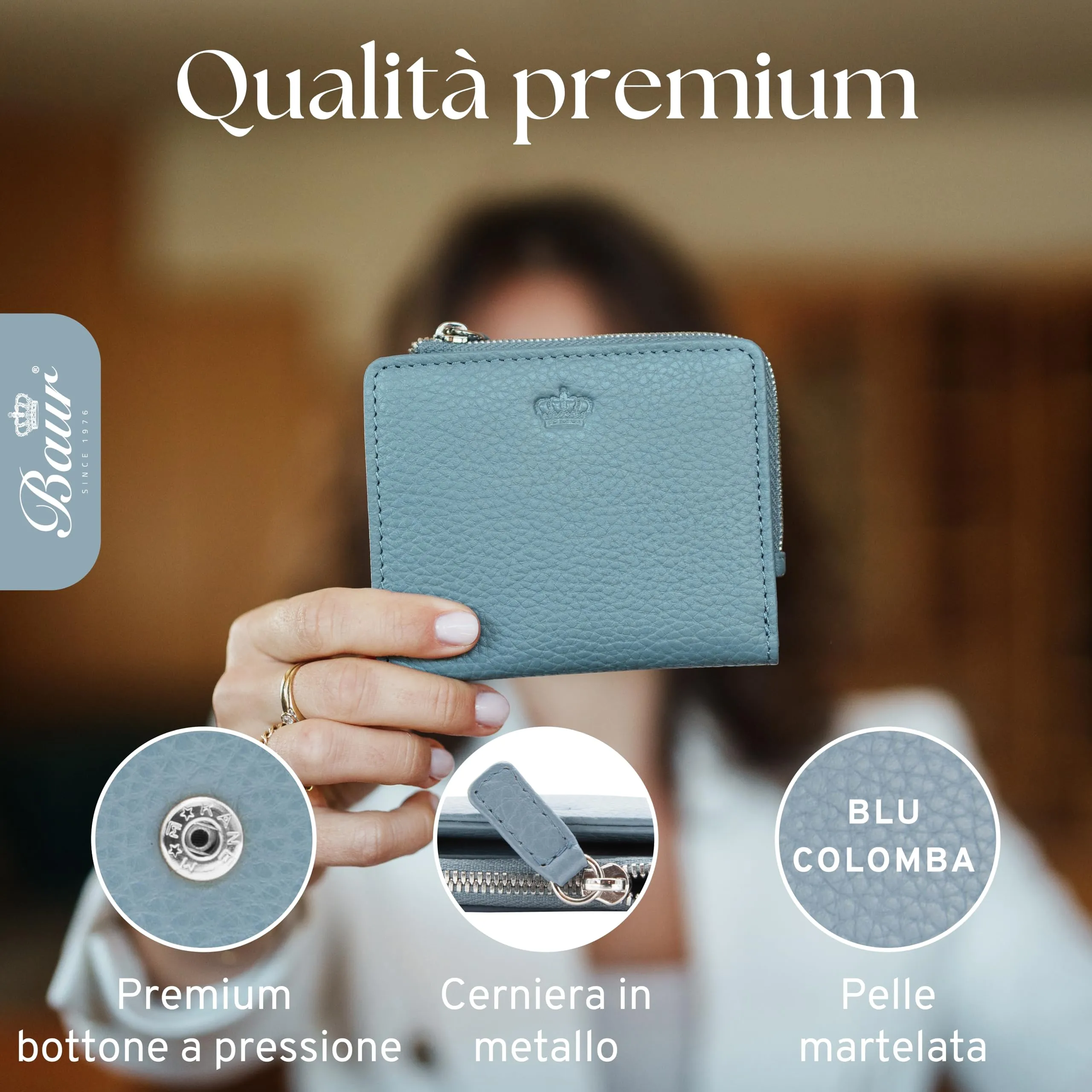 Baur portafoglio da donna piccolo – vera pelle con protezione RFID – portafoglio con 7 scomparti carte – chiusura bottone a pressione e tasca portamonete con cerniera (Cerniera argento, Blu colomba) - immagine 4