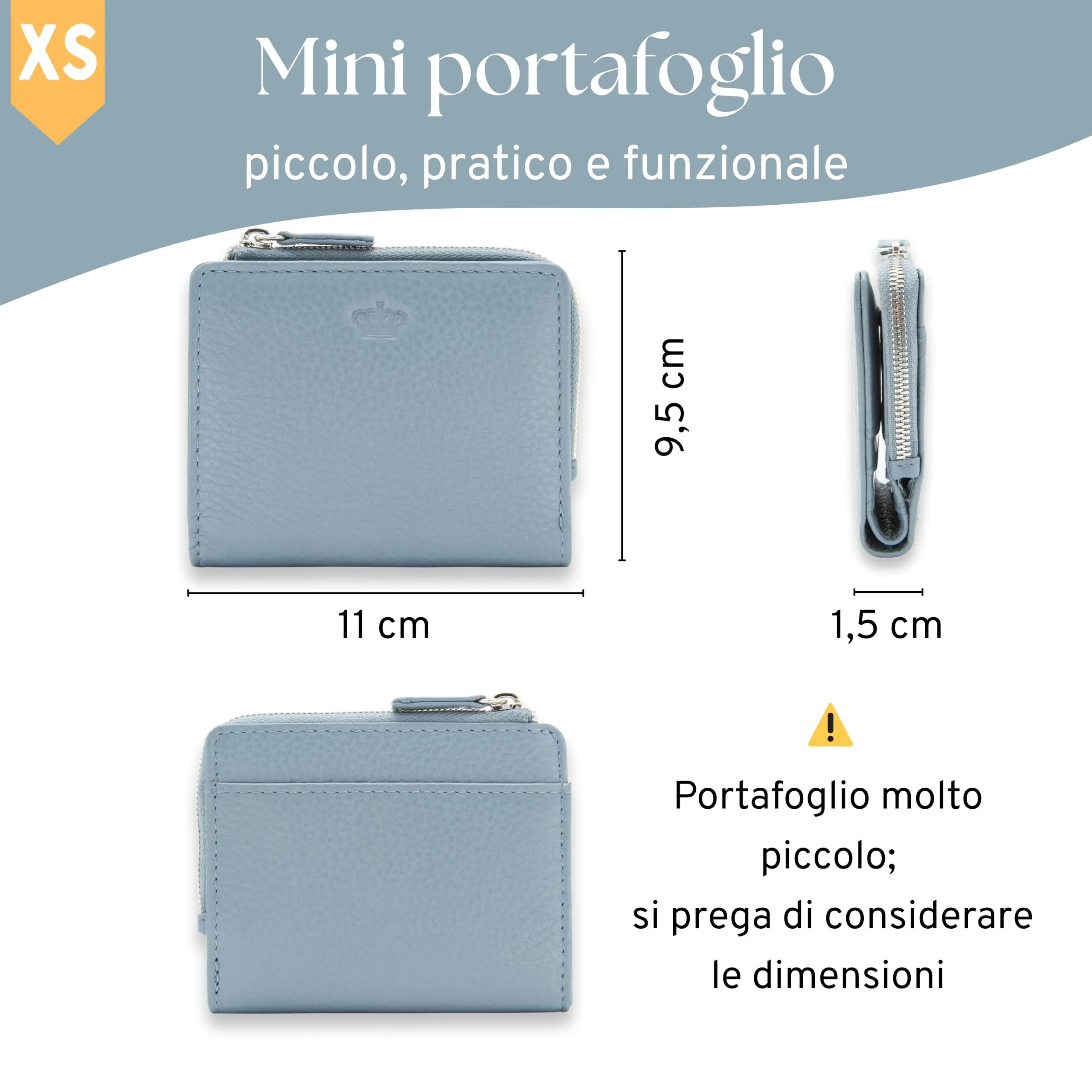 Baur portafoglio da donna piccolo – vera pelle con protezione RFID – portafoglio con 7 scomparti carte – chiusura bottone a pressione e tasca portamonete con cerniera (Cerniera argento, Blu colomba) - immagine 5