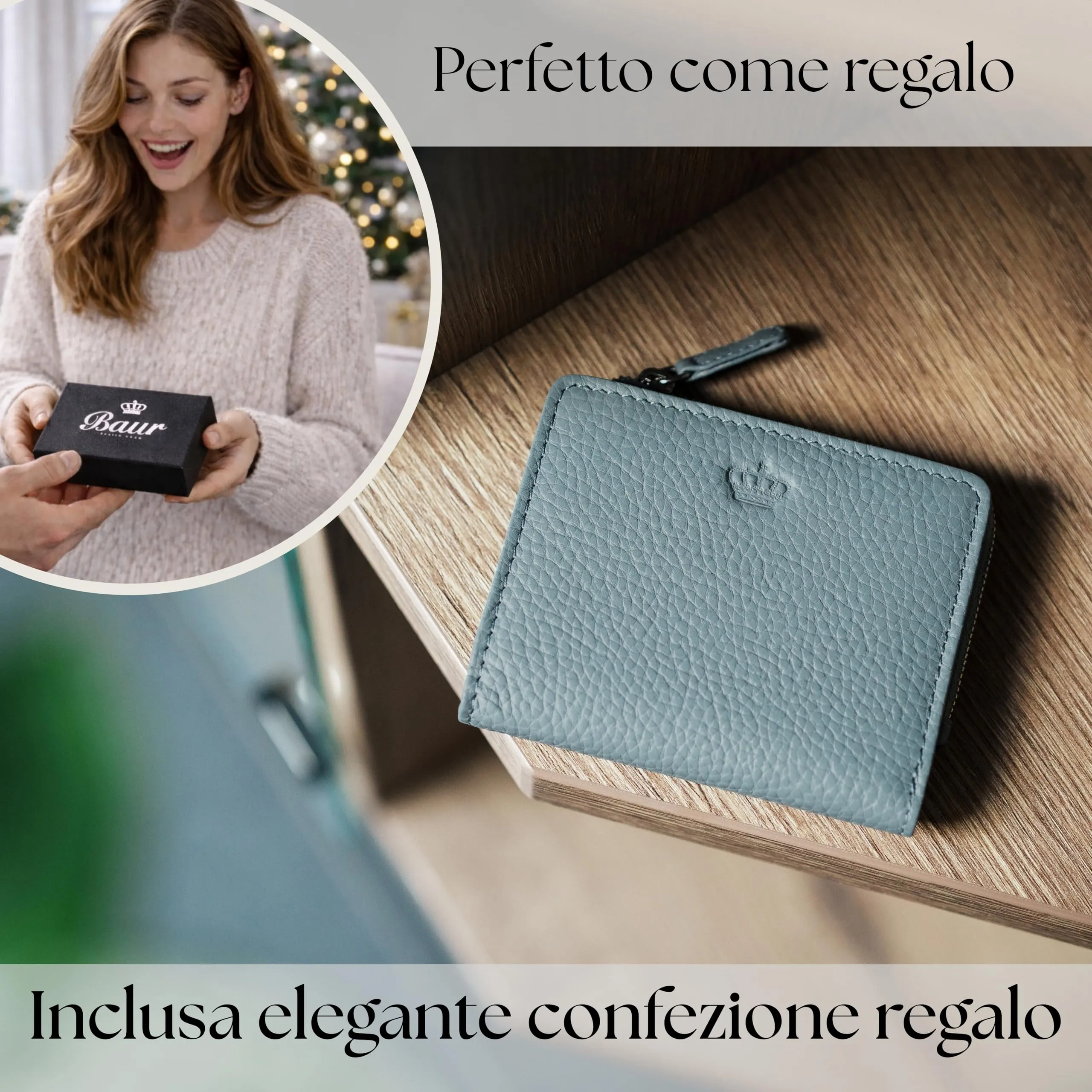 Baur portafoglio da donna piccolo – vera pelle con protezione RFID – portafoglio con 7 scomparti carte – chiusura bottone a pressione e tasca portamonete con cerniera (Cerniera argento, Blu colomba) - immagine 6