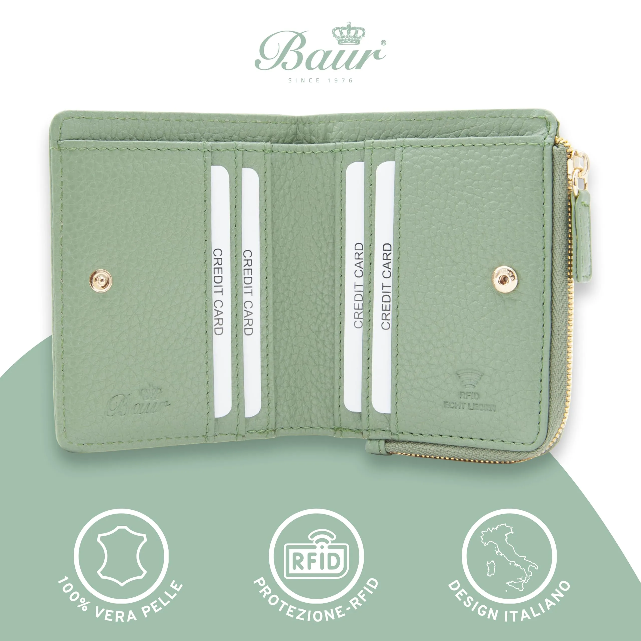 Baur portafoglio da donna piccolo – vera pelle con protezione RFID – portafoglio con 7 scomparti carte – chiusura bottone a pressione e tasca portamonete con cerniera (Cerniera oro, Verde salvia) - immagine 2