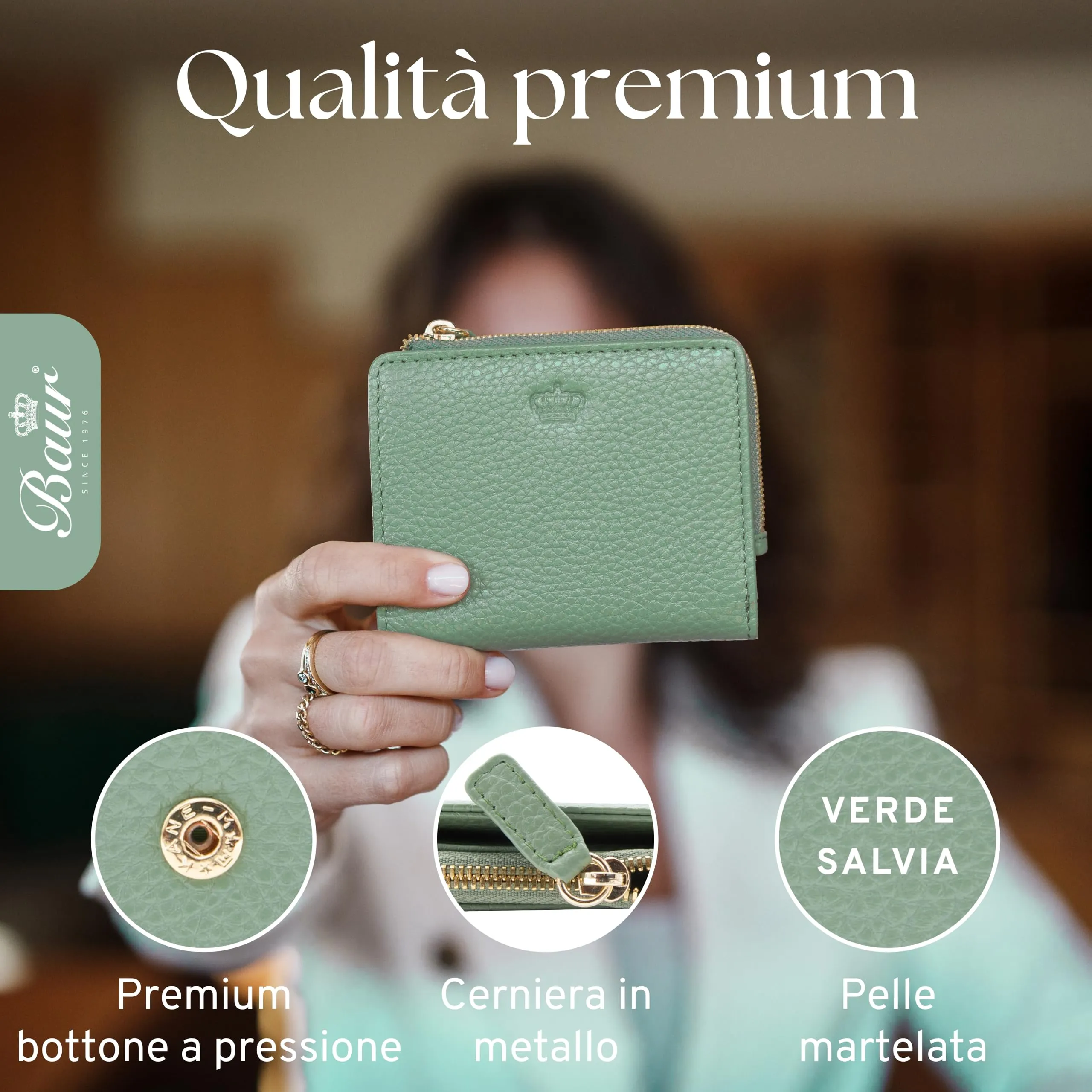 Baur portafoglio da donna piccolo – vera pelle con protezione RFID – portafoglio con 7 scomparti carte – chiusura bottone a pressione e tasca portamonete con cerniera (Cerniera oro, Verde salvia) - immagine 4