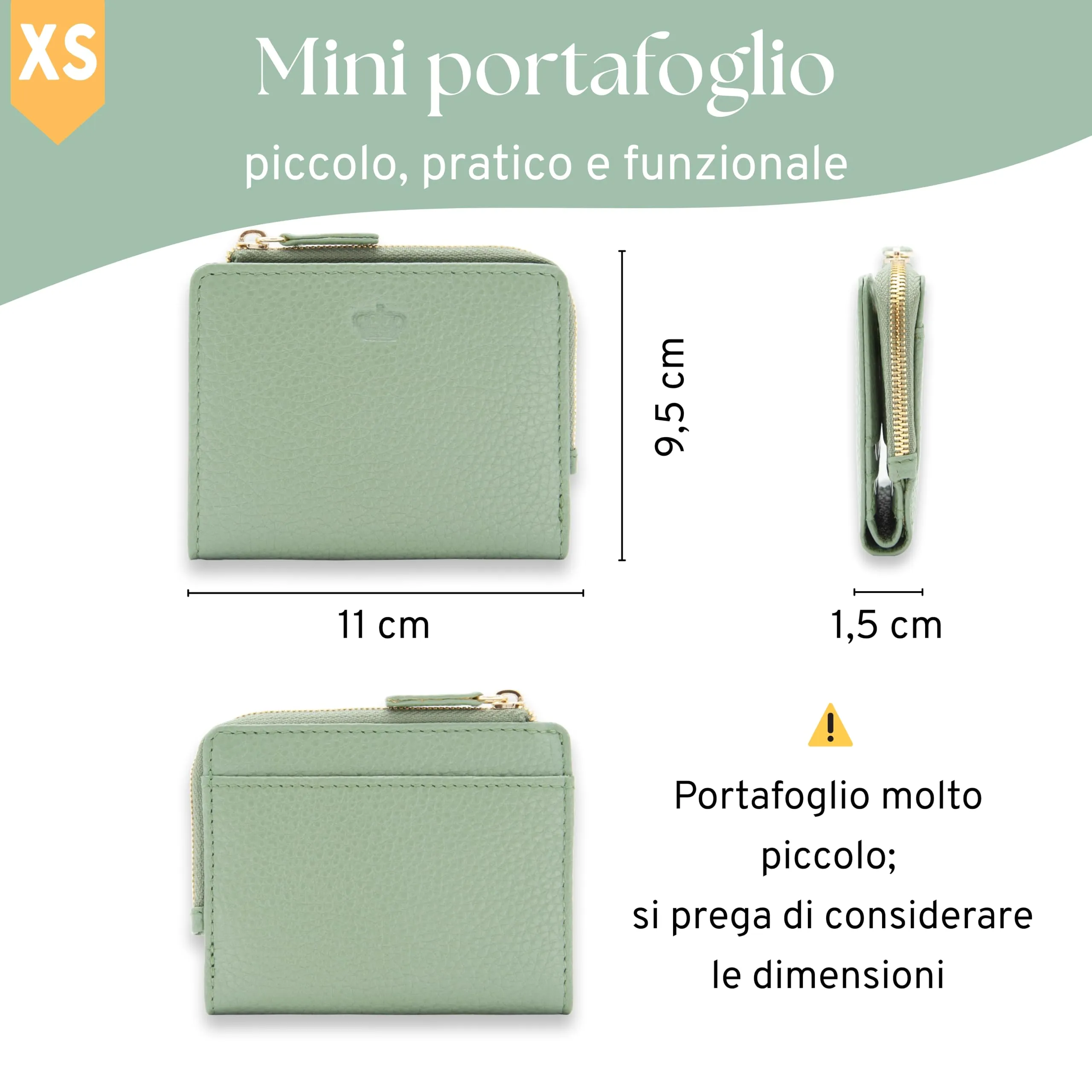 Baur portafoglio da donna piccolo – vera pelle con protezione RFID – portafoglio con 7 scomparti carte – chiusura bottone a pressione e tasca portamonete con cerniera (Cerniera oro, Verde salvia) - immagine 5