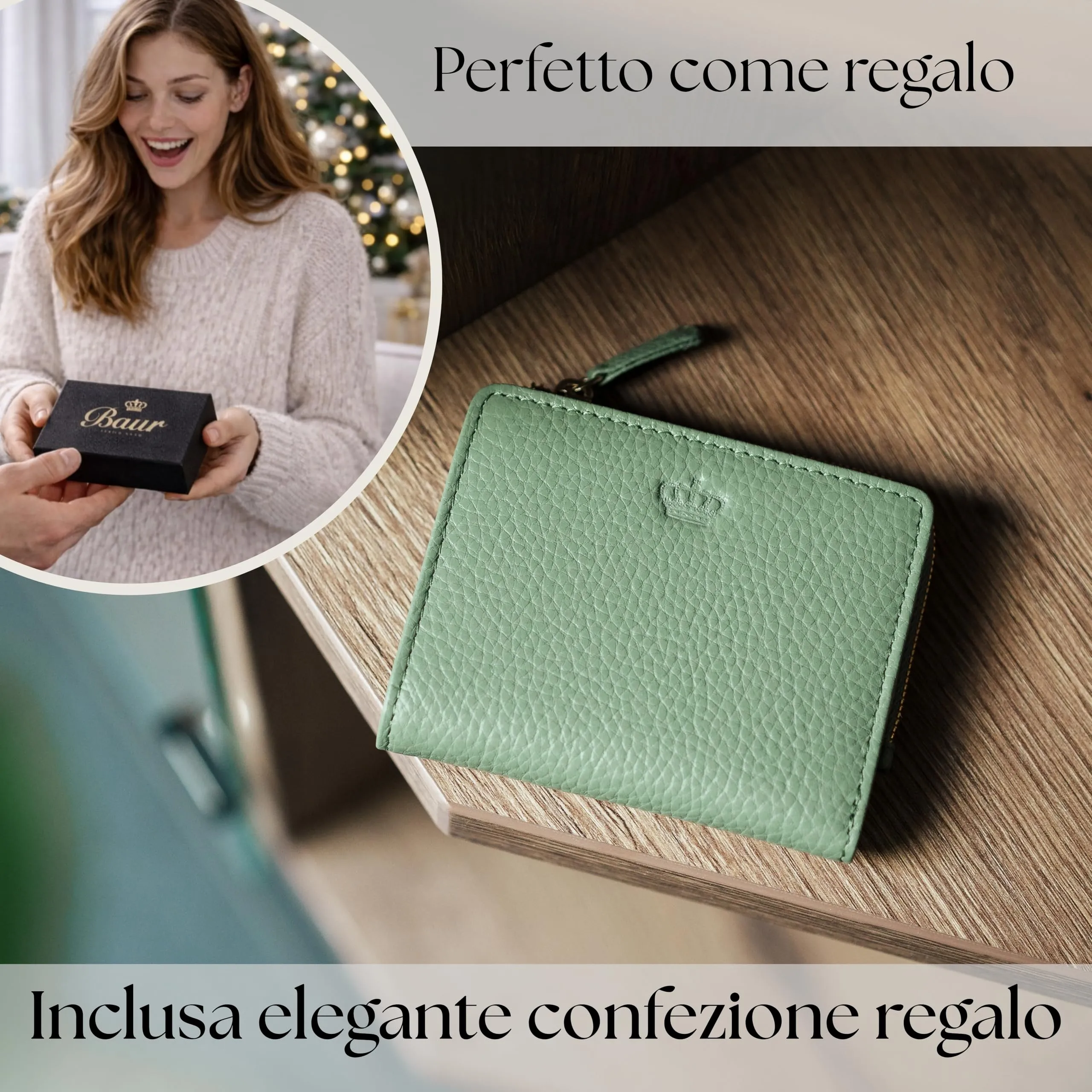 Baur portafoglio da donna piccolo – vera pelle con protezione RFID – portafoglio con 7 scomparti carte – chiusura bottone a pressione e tasca portamonete con cerniera (Cerniera oro, Verde salvia) - immagine 6