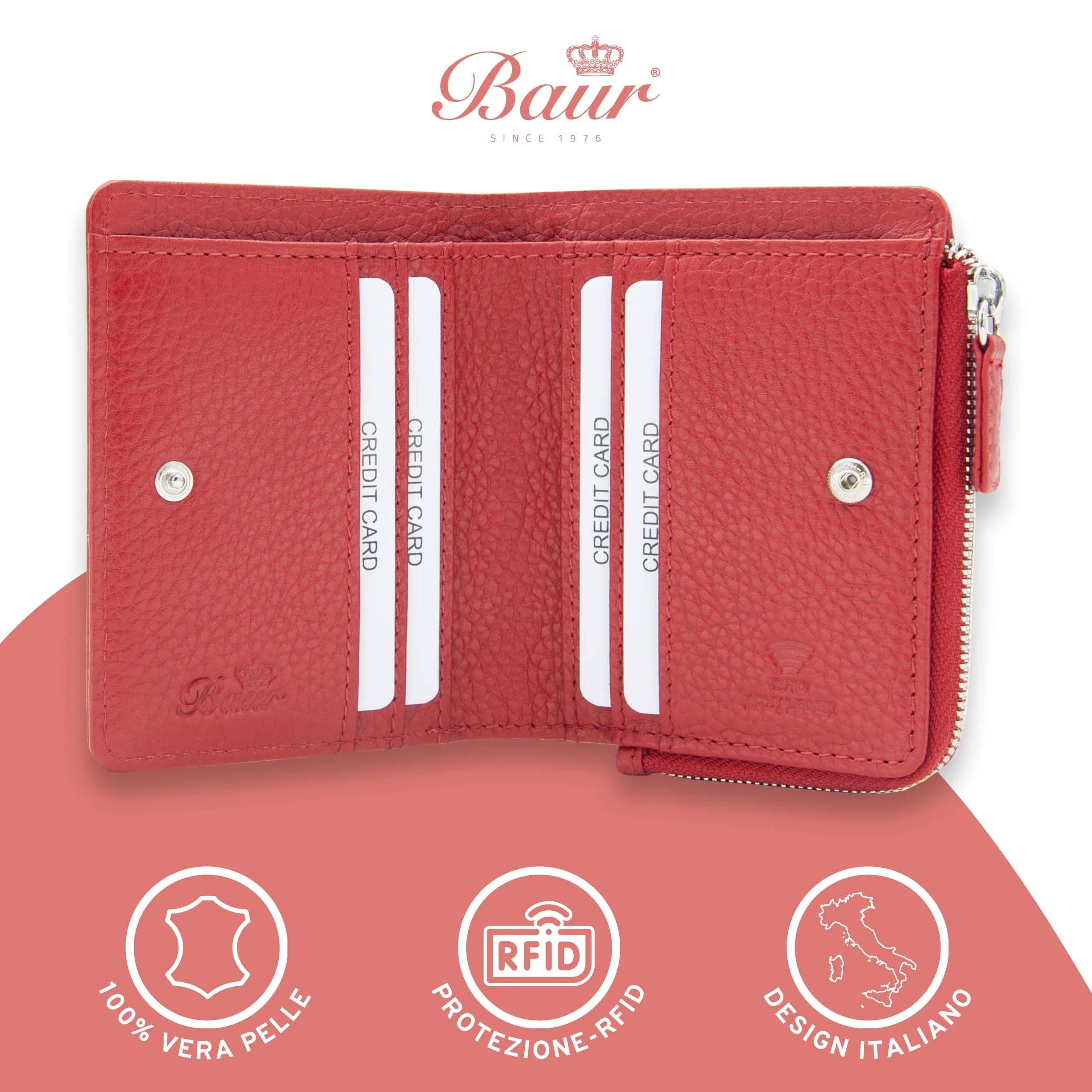 Baur portafoglio da donna piccolo – vera pelle con protezione RFID – portafoglio con 7 scomparti carte – chiusura bottone a pressione e tasca portamonete con cerniera (Cerniera argento, Rosso) - immagine 2