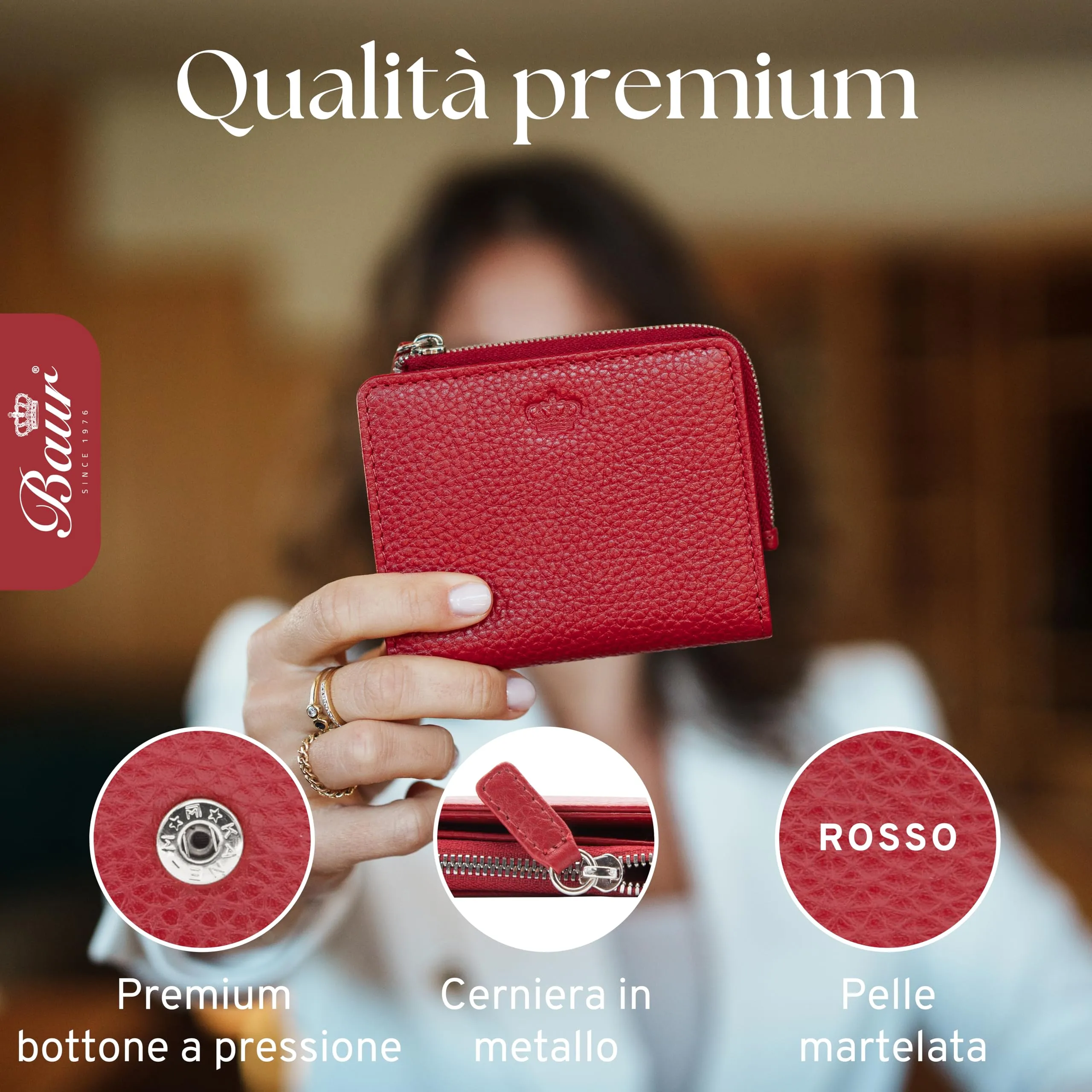 Baur portafoglio da donna piccolo – vera pelle con protezione RFID – portafoglio con 7 scomparti carte – chiusura bottone a pressione e tasca portamonete con cerniera (Cerniera argento, Rosso) - immagine 4